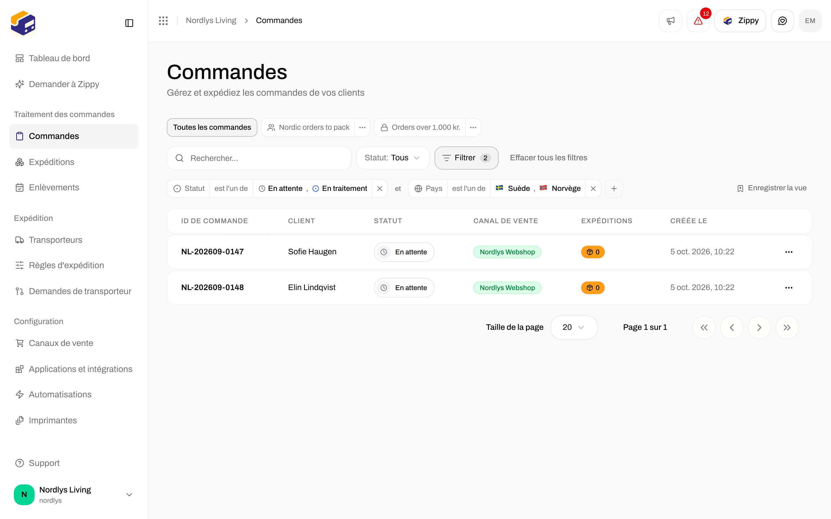 Liste des commandes restreinte par une étiquette Statut et une étiquette Pays reliées par le mot et