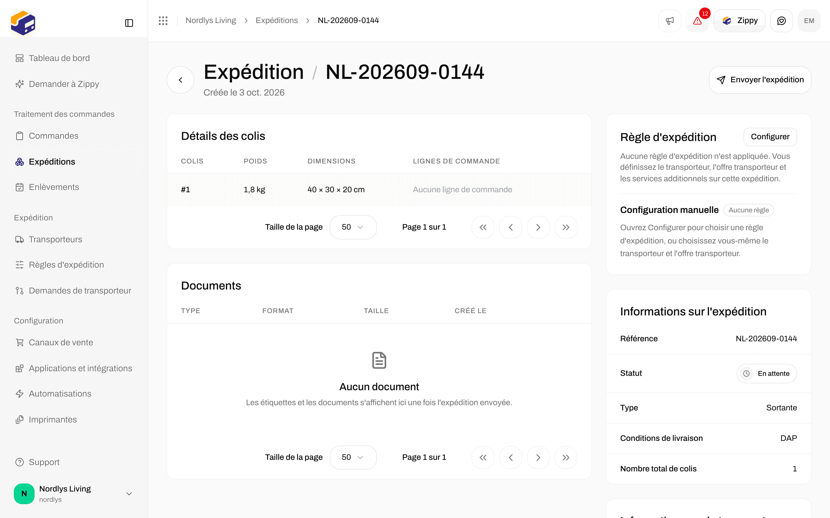 Expédition en attente avec Envoyer l'expédition en haut de la page