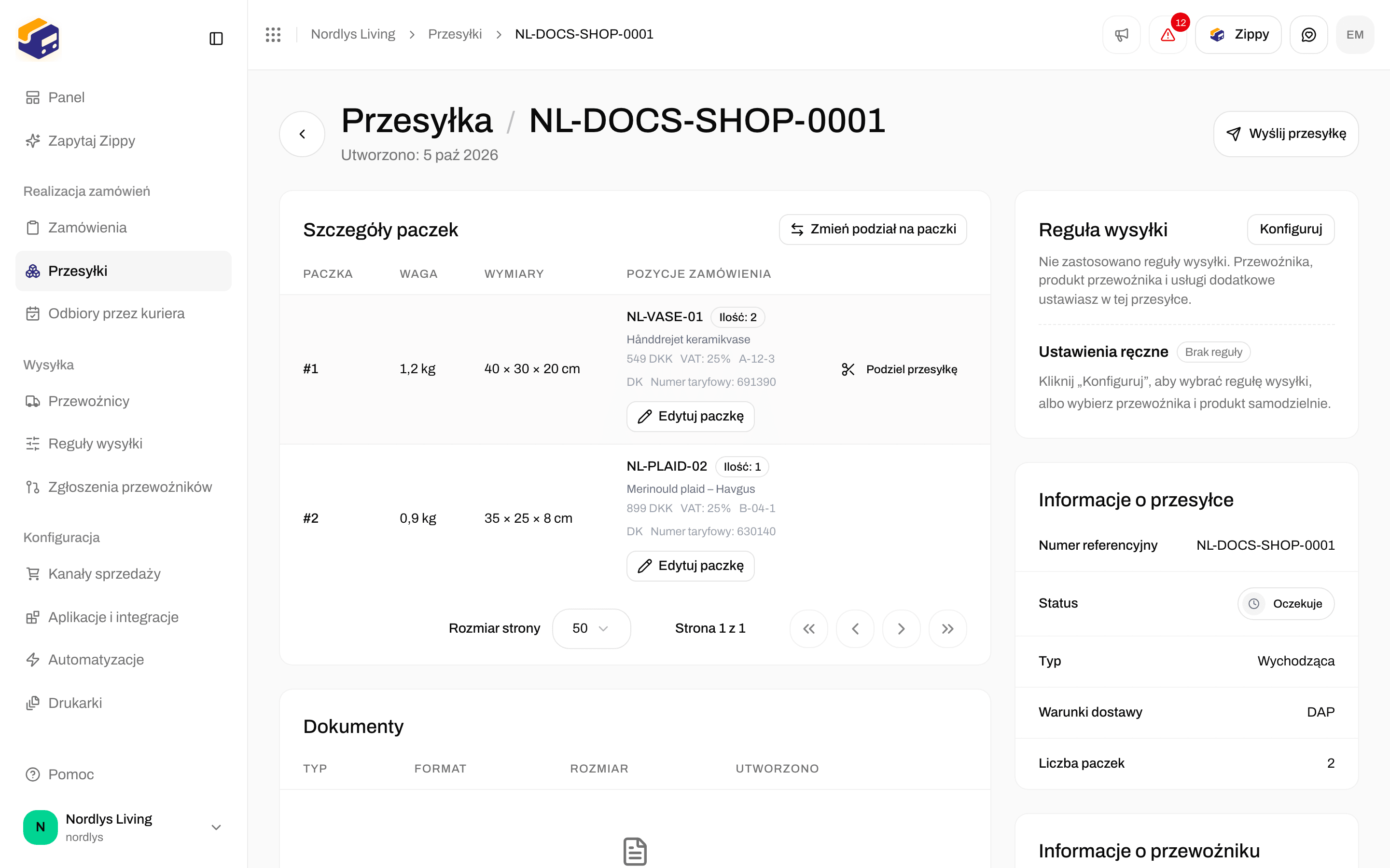 Szczegóły paczek z dwiema paczkami, Podziel przesyłkę, Zmień podział na paczki i Edytuj paczkę