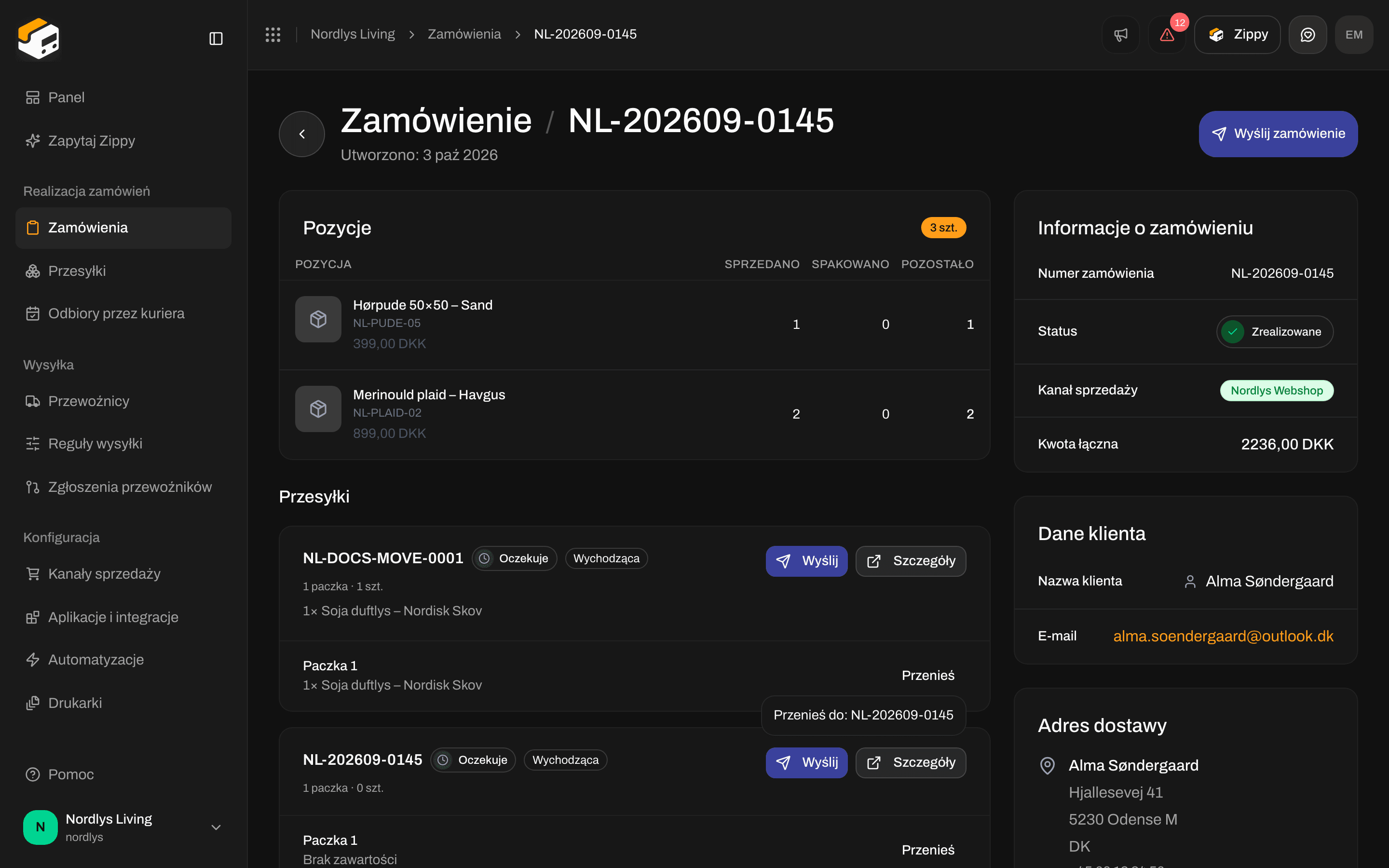 Karta przesyłki zamówienia z listą Przenieś pokazującą numer innej przesyłki