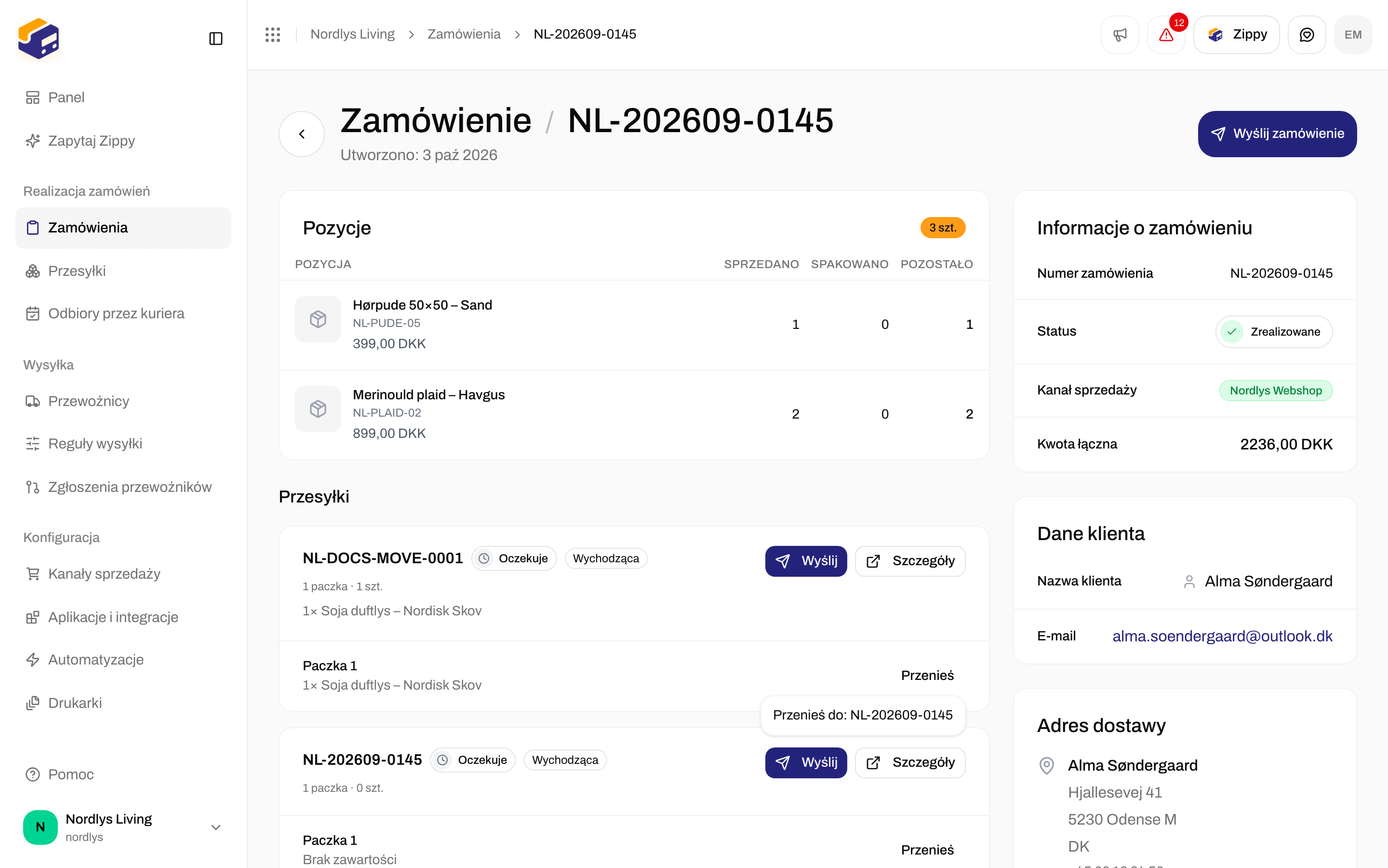 Karta przesyłki zamówienia z listą Przenieś pokazującą numer innej przesyłki
