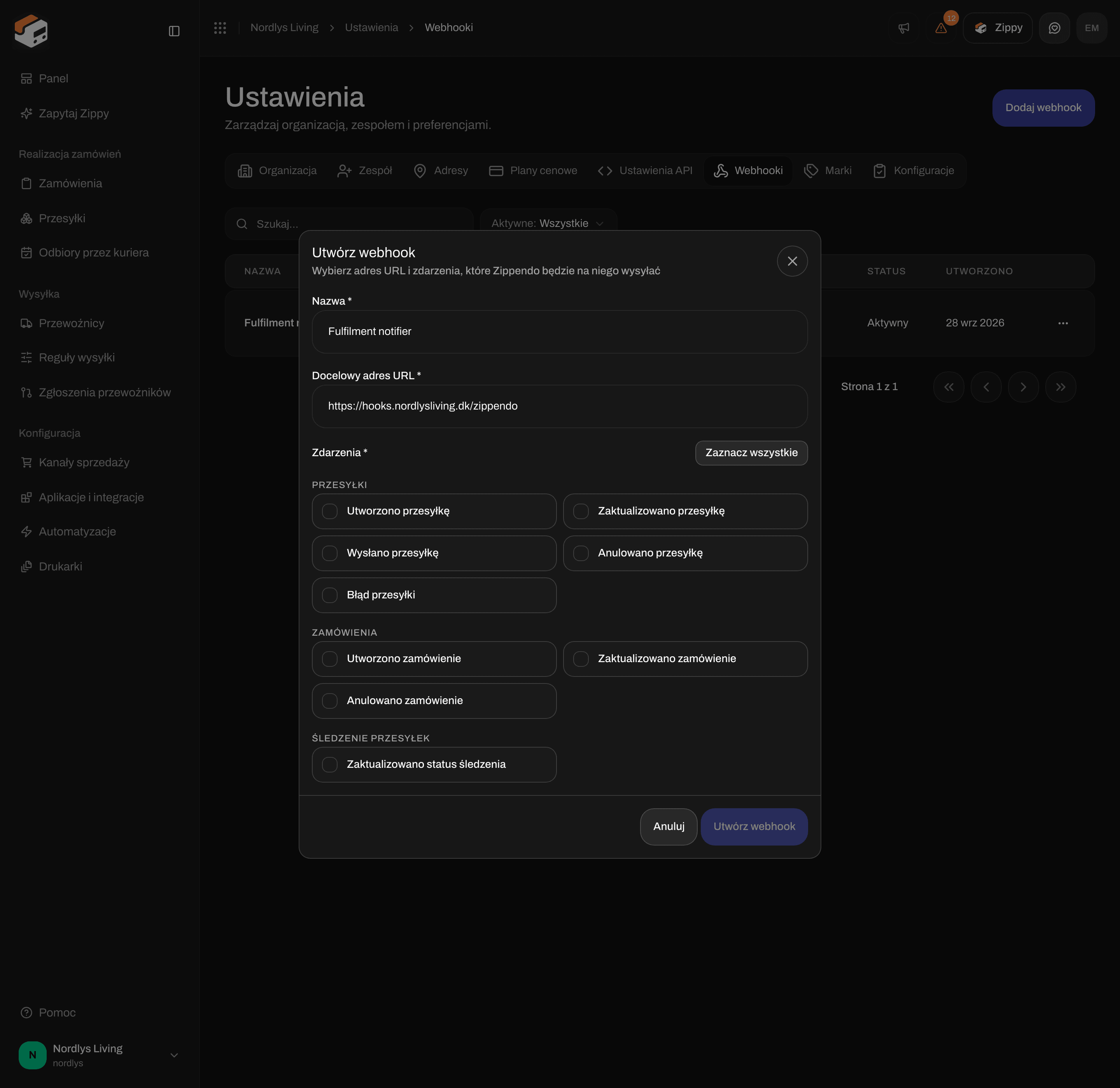 Okno Utwórz webhook z polami Nazwa, Docelowy adres URL, Zaznacz wszystkie i polami wyboru zdarzeń przesyłek