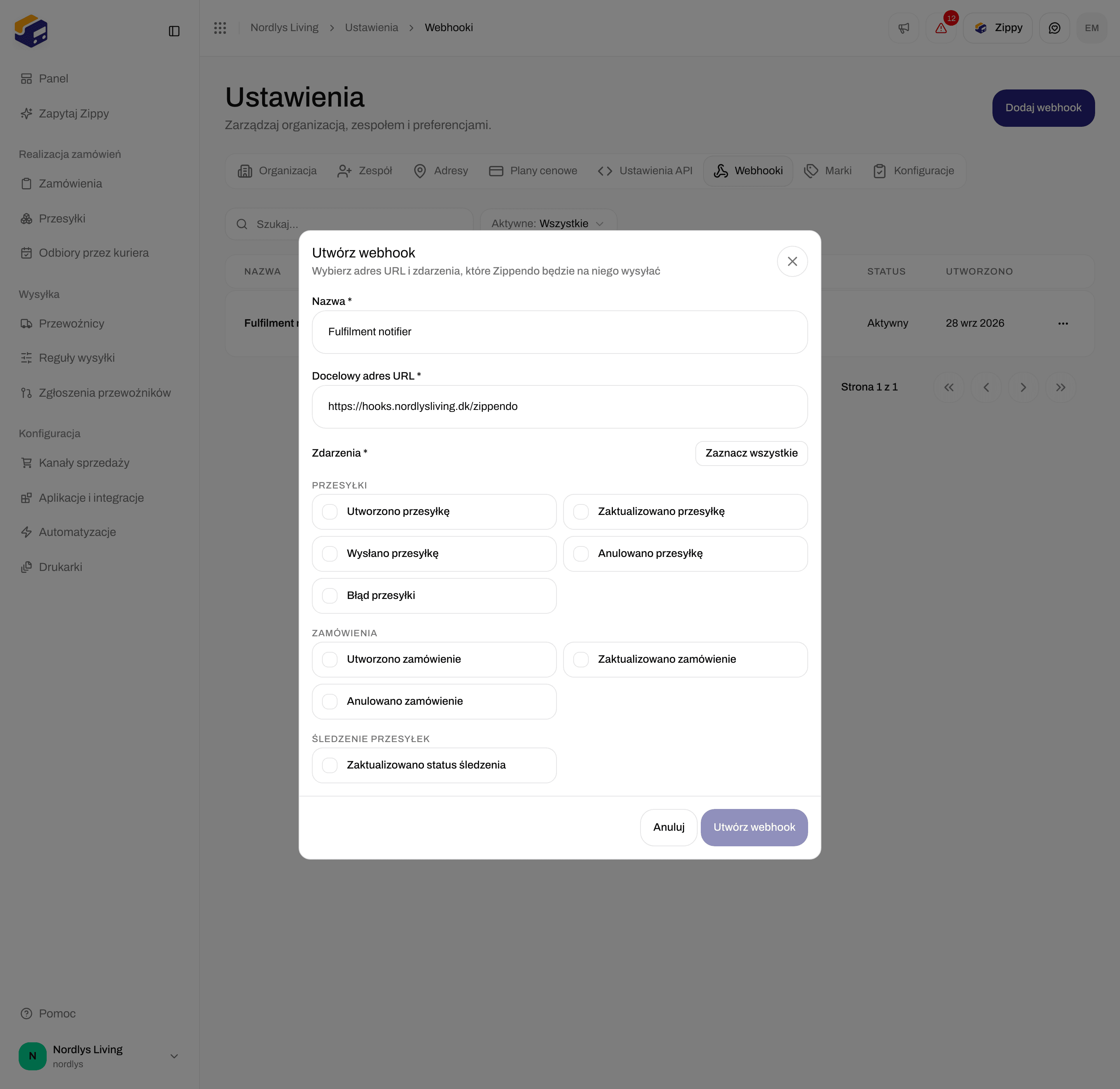 Okno Utwórz webhook z polami Nazwa, Docelowy adres URL, Zaznacz wszystkie i polami wyboru zdarzeń przesyłek