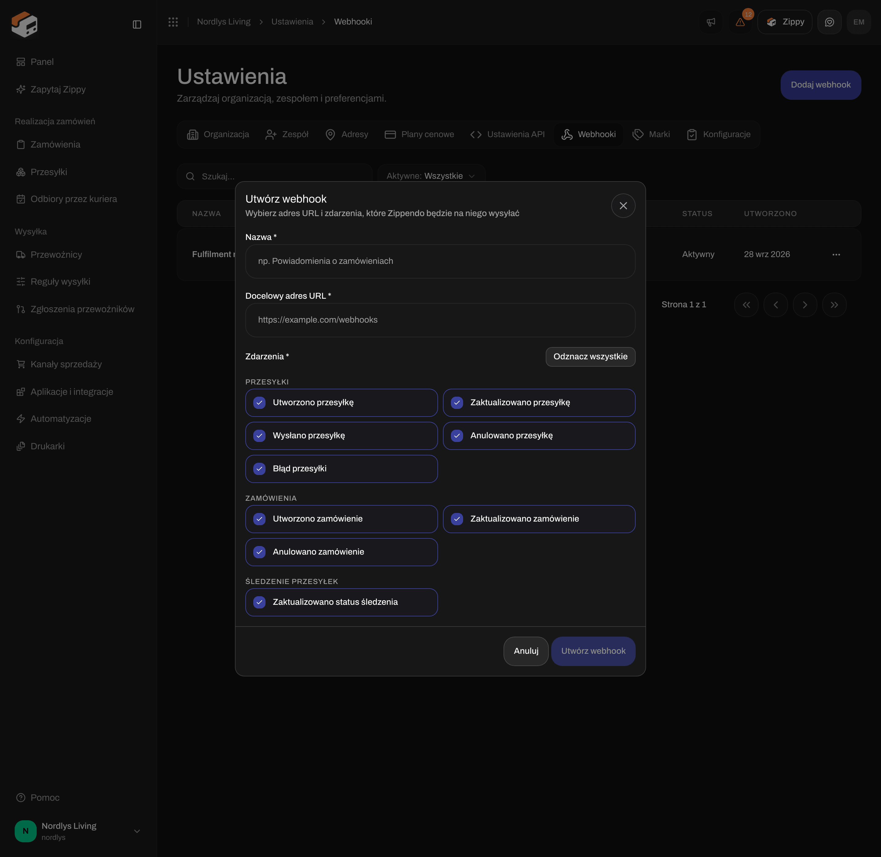 Okno Utwórz webhook ze wszystkimi dziewięcioma zaznaczonymi zdarzeniami, w tym Zaktualizowano status śledzenia
