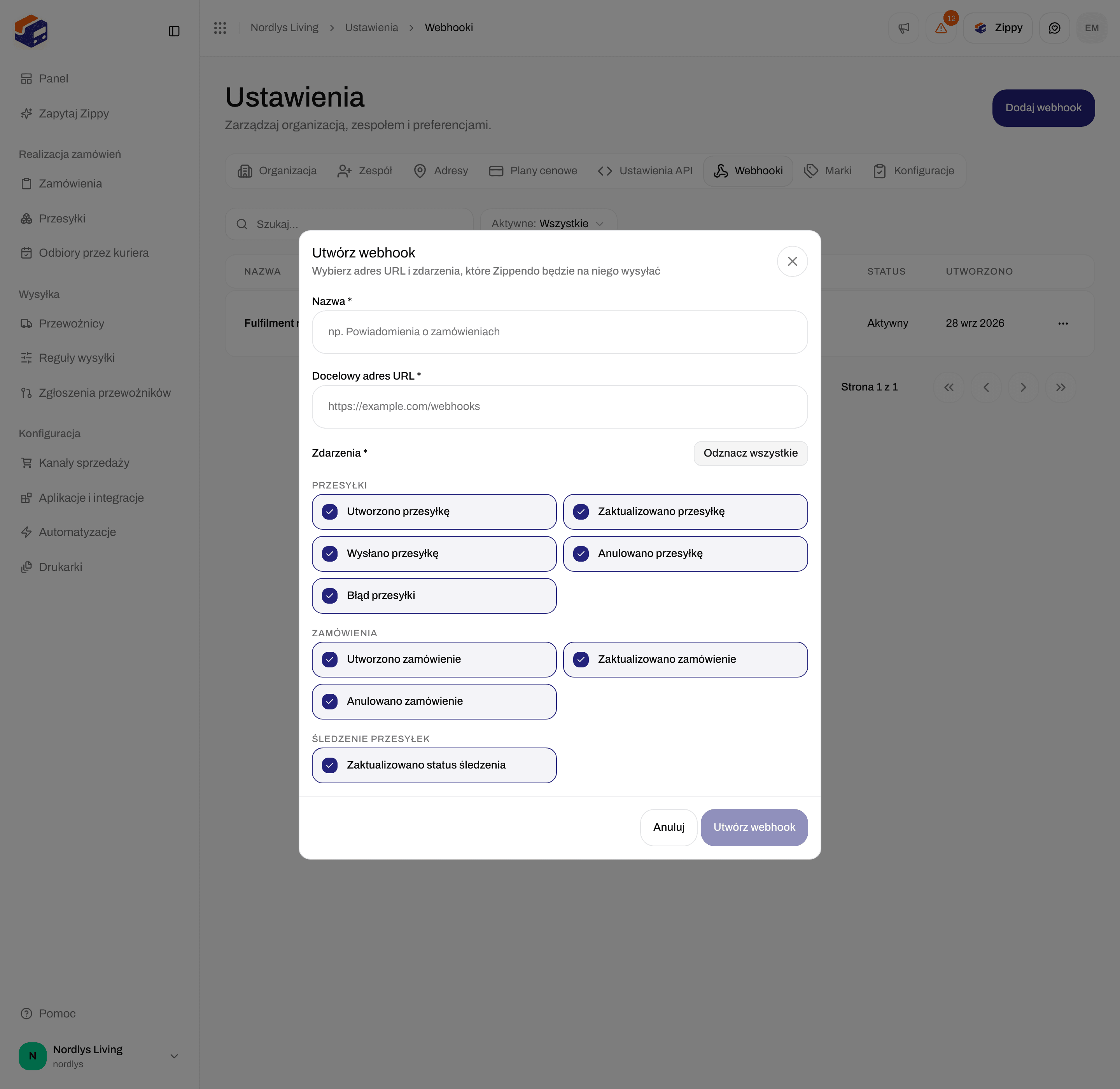 Okno Utwórz webhook ze wszystkimi dziewięcioma zaznaczonymi zdarzeniami, w tym Zaktualizowano status śledzenia