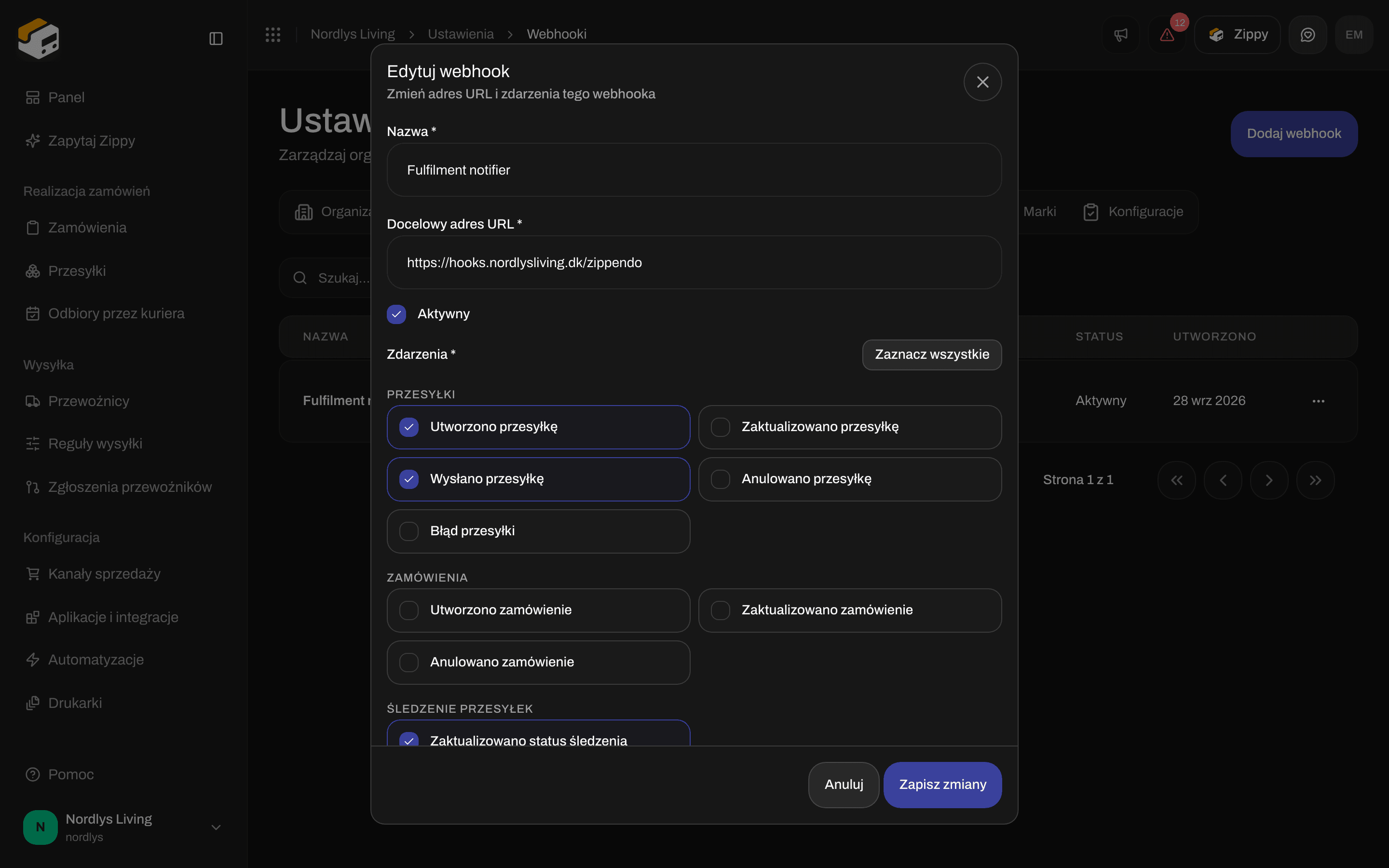 Okno Edytuj webhook z polami Nazwa, Docelowy adres URL, polem wyboru Aktywna i zdarzeniami