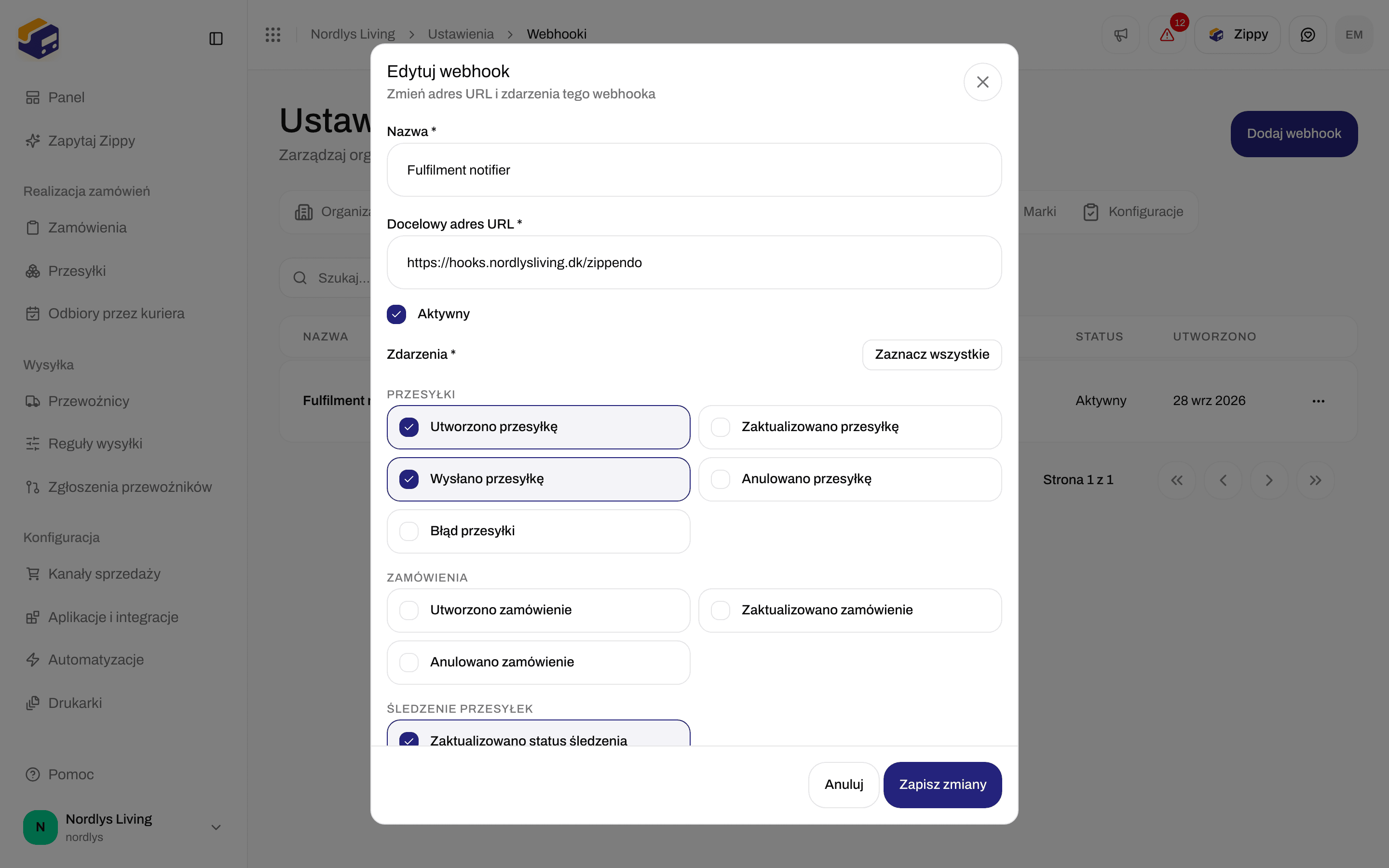 Okno Edytuj webhook z polami Nazwa, Docelowy adres URL, polem wyboru Aktywna i zdarzeniami