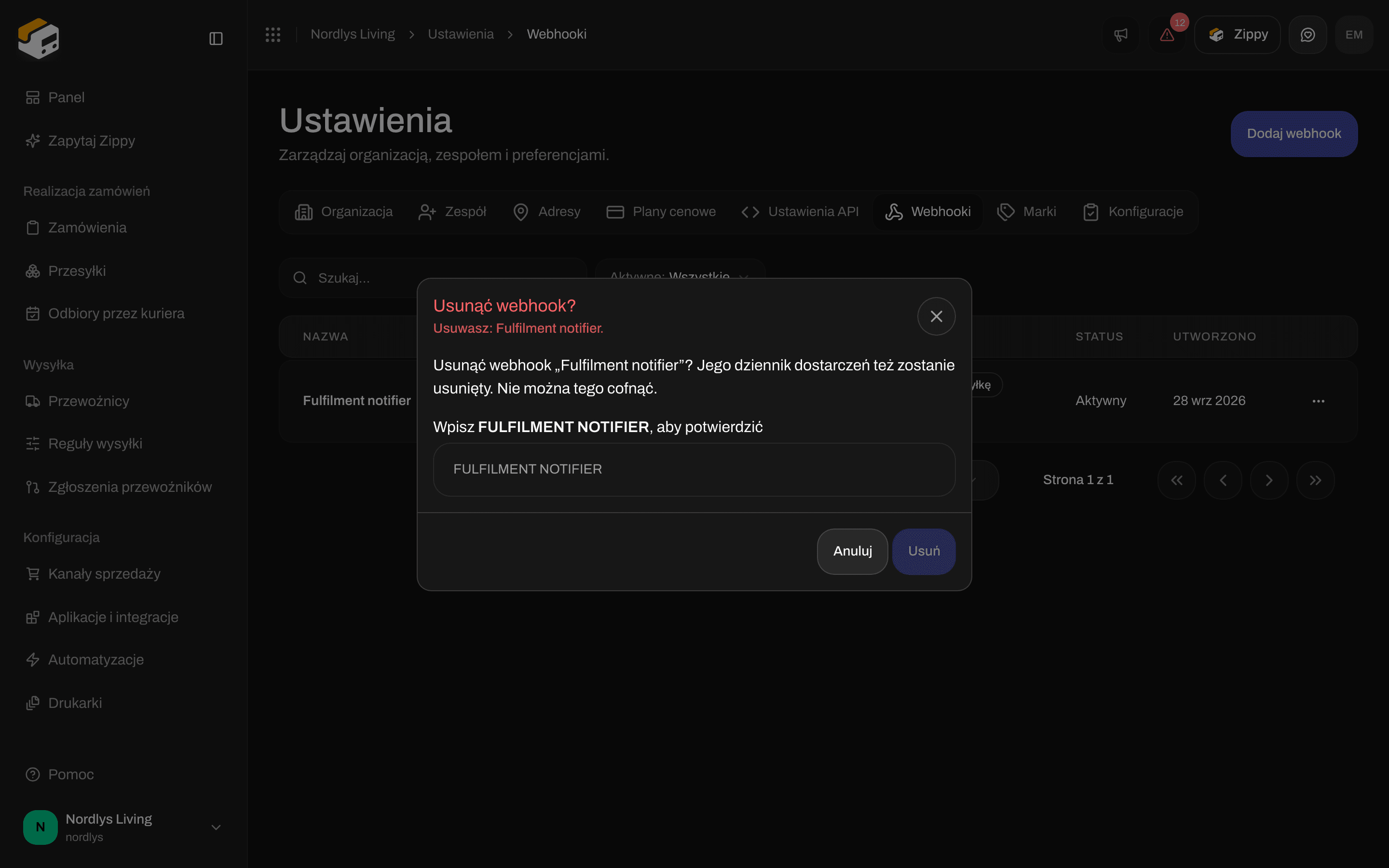 Okno Usunąć webhook? z polem do wpisania nazwy w celu potwierdzenia