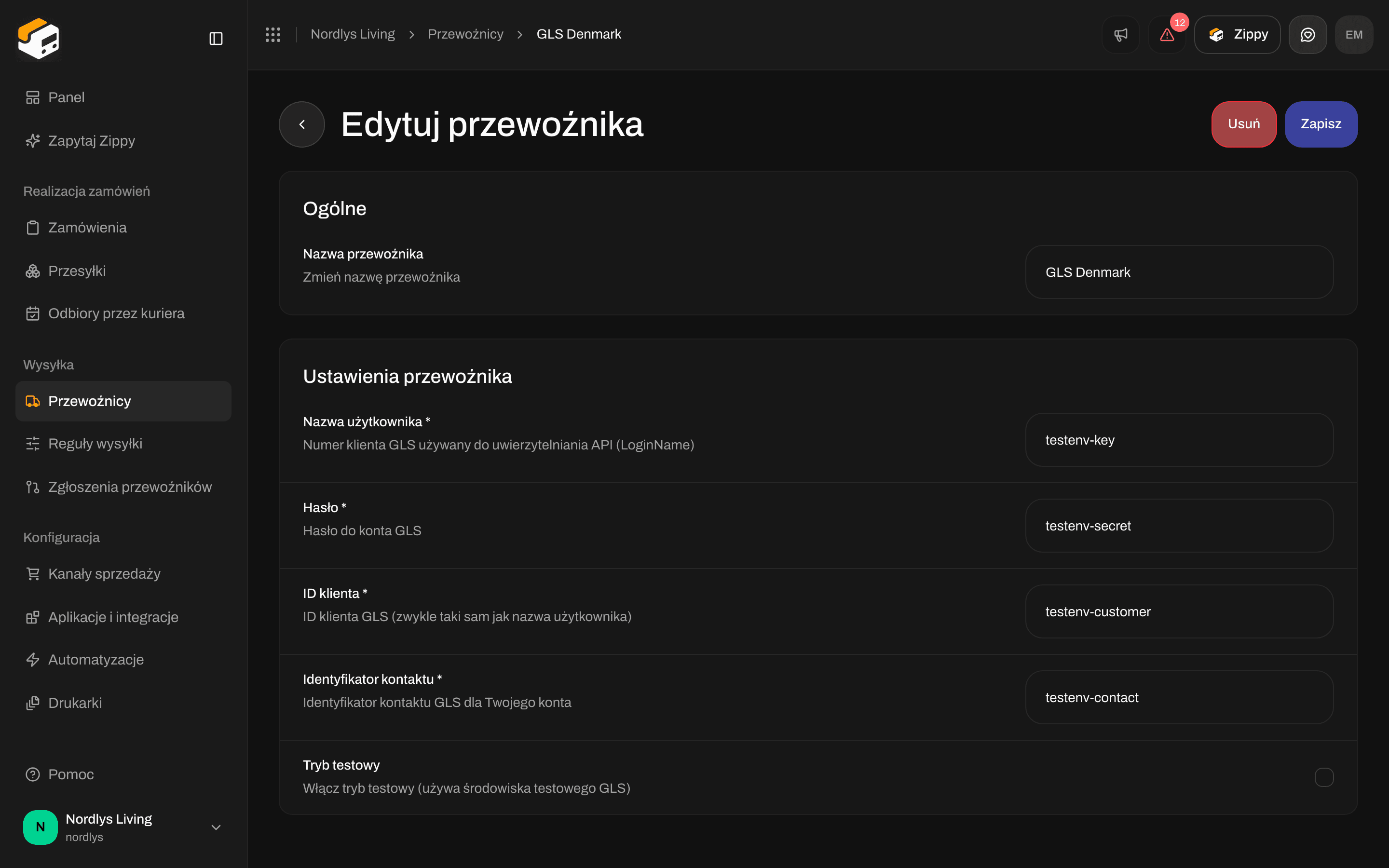 Edytuj przewoźnika dla GLS Denmark z polami Nazwa logowania, Hasło, ID klienta, ID kontaktu i Tryb testowy