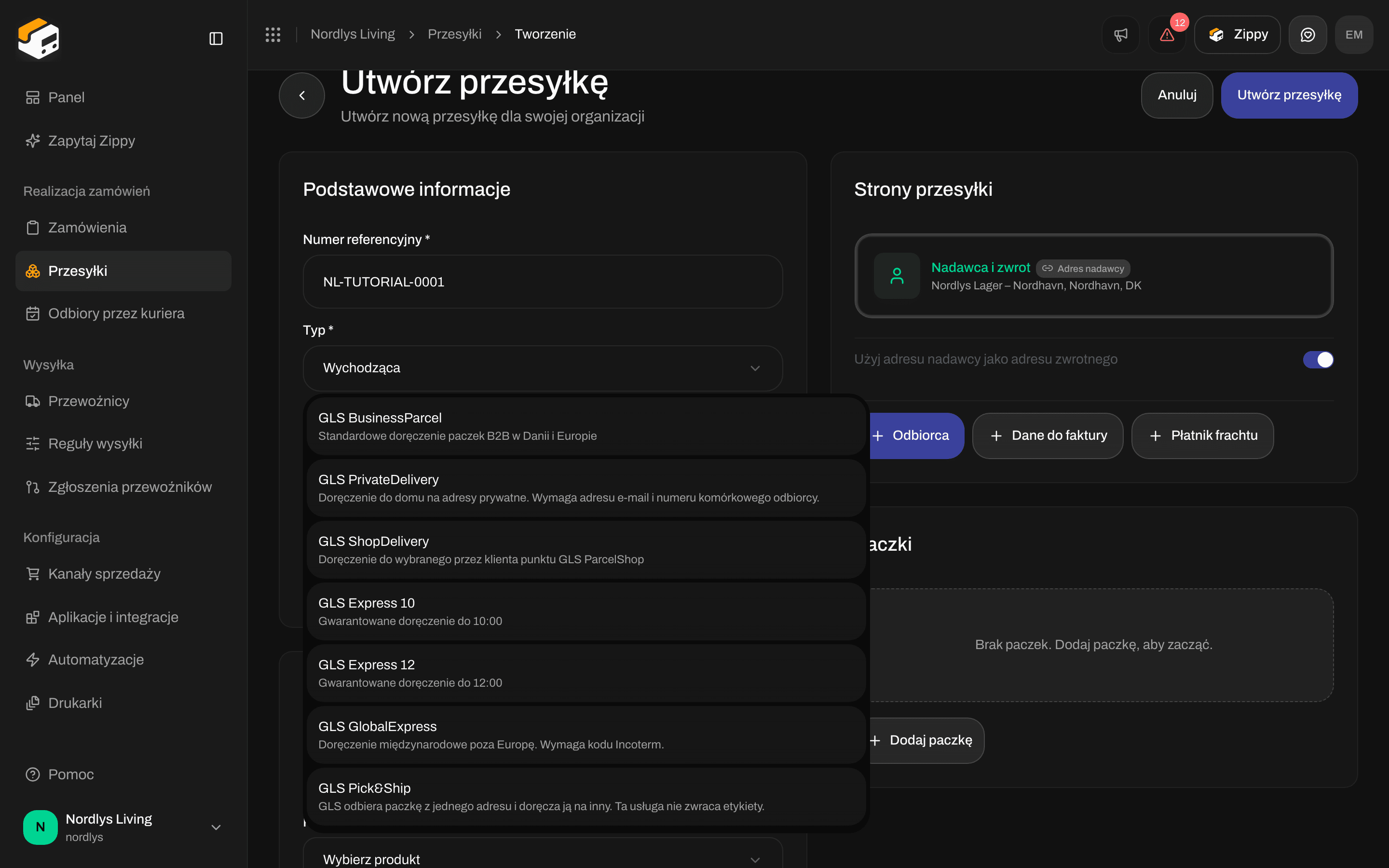 Utwórz przesyłkę z otwartą listą produktów GLS Denmark