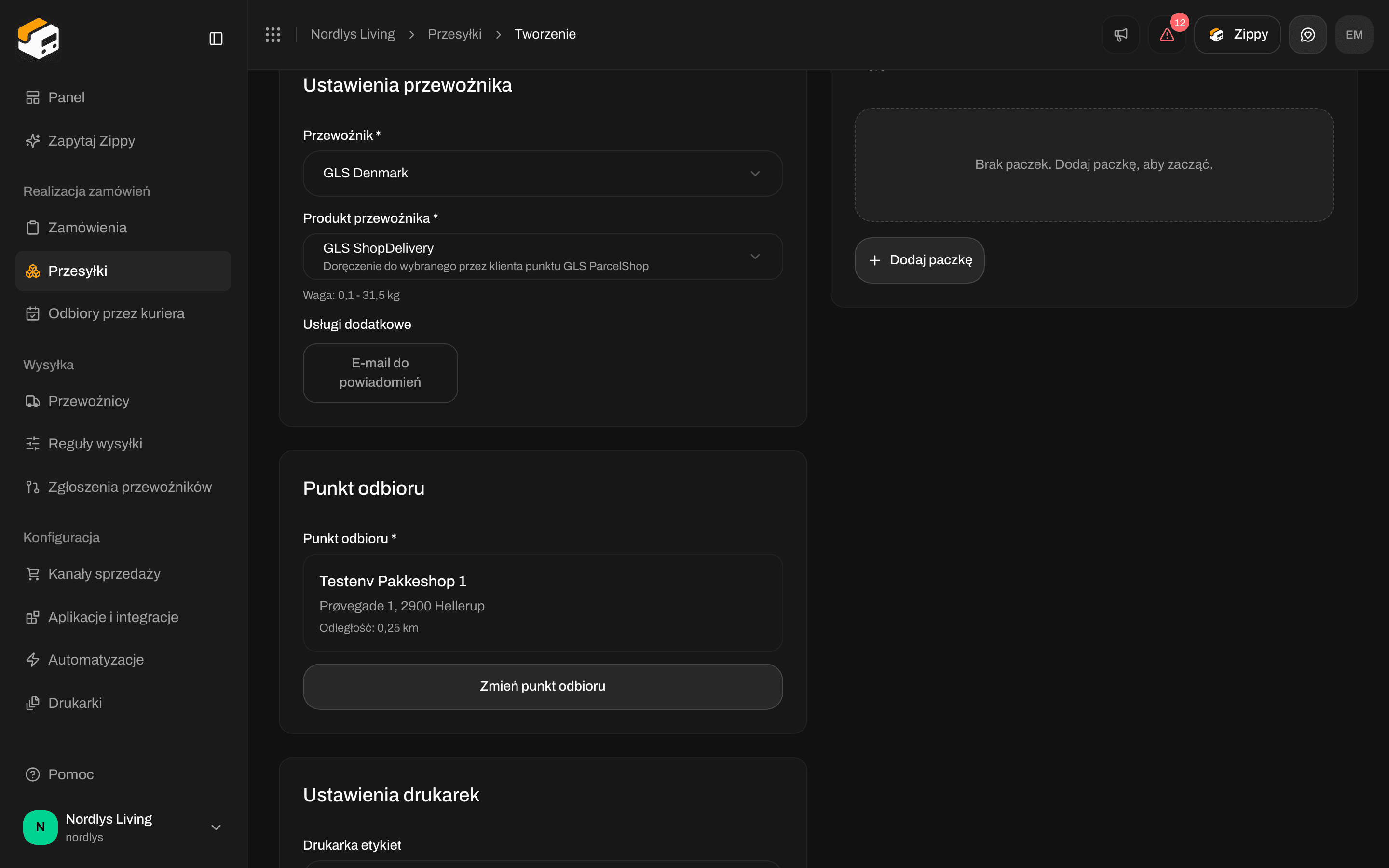 Utwórz przesyłkę z GLS ShopDelivery i sekcją Punkt odbioru pokazującą wybrany punkt odbioru oraz przycisk Zmień punkt odbioru
