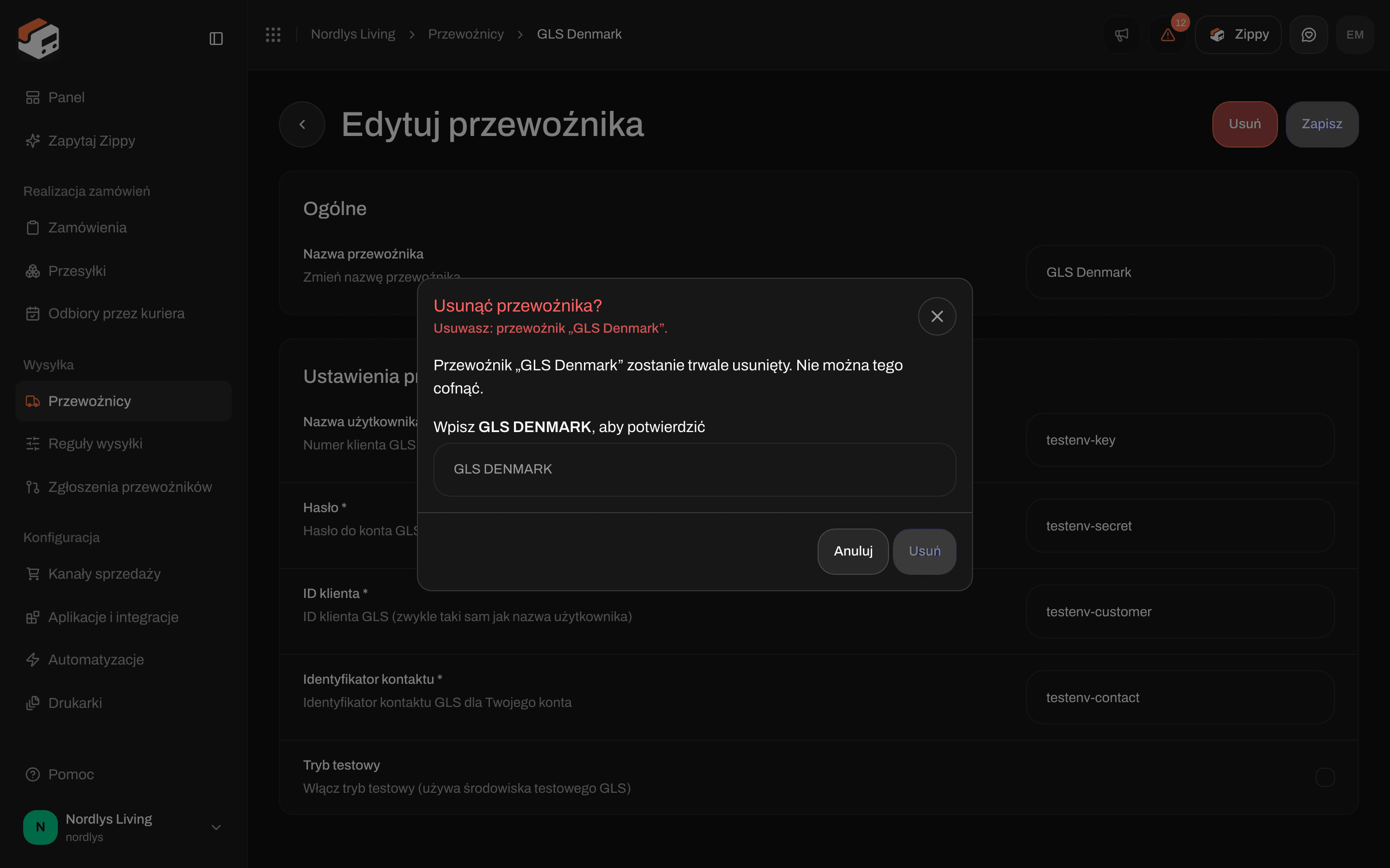 Okno usuwania przewoźnika GLS Denmark z nazwą wpisaną wielkimi literami