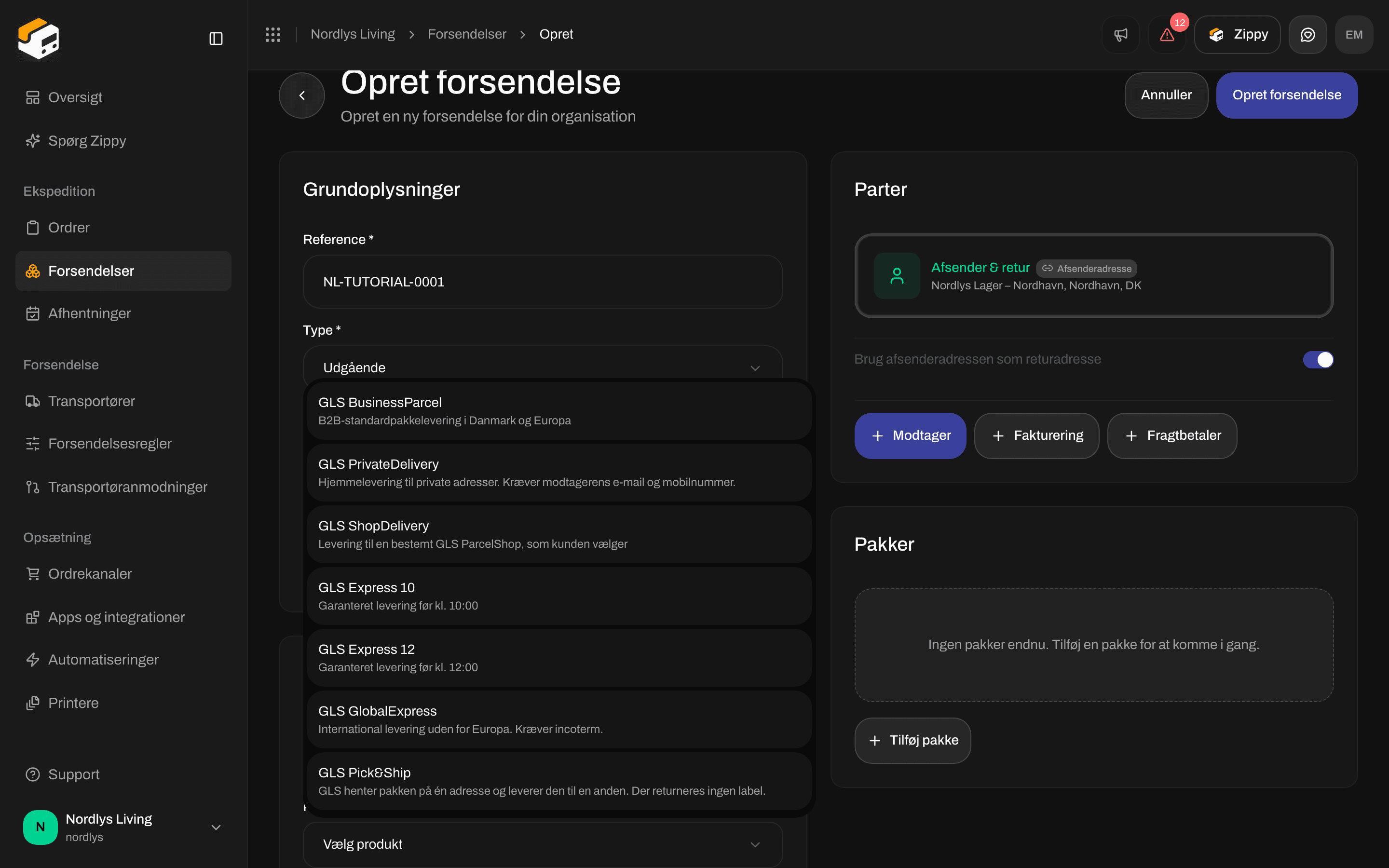 Opret forsendelse med produktlisten for GLS Denmark åben