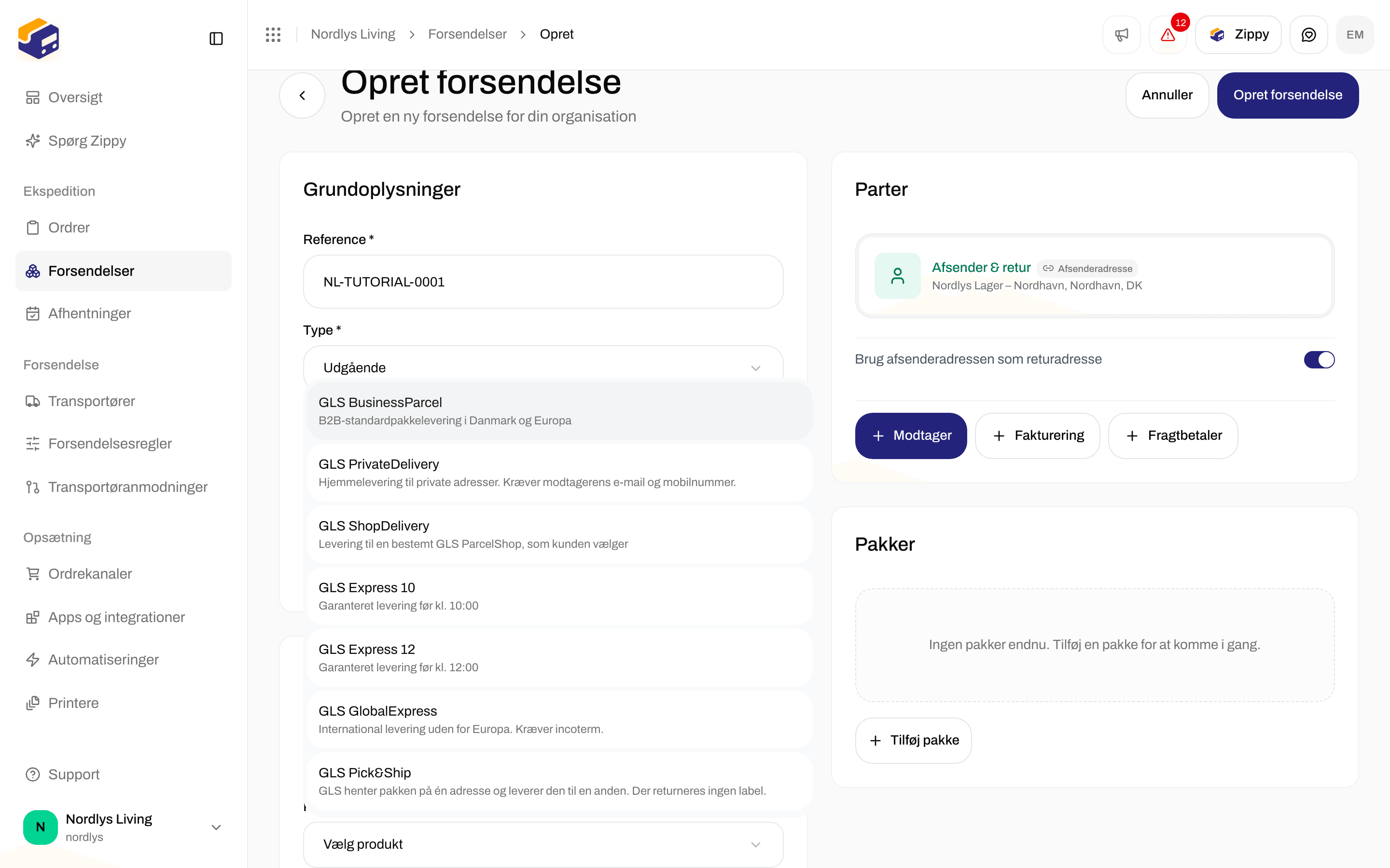 Opret forsendelse med produktlisten for GLS Denmark åben