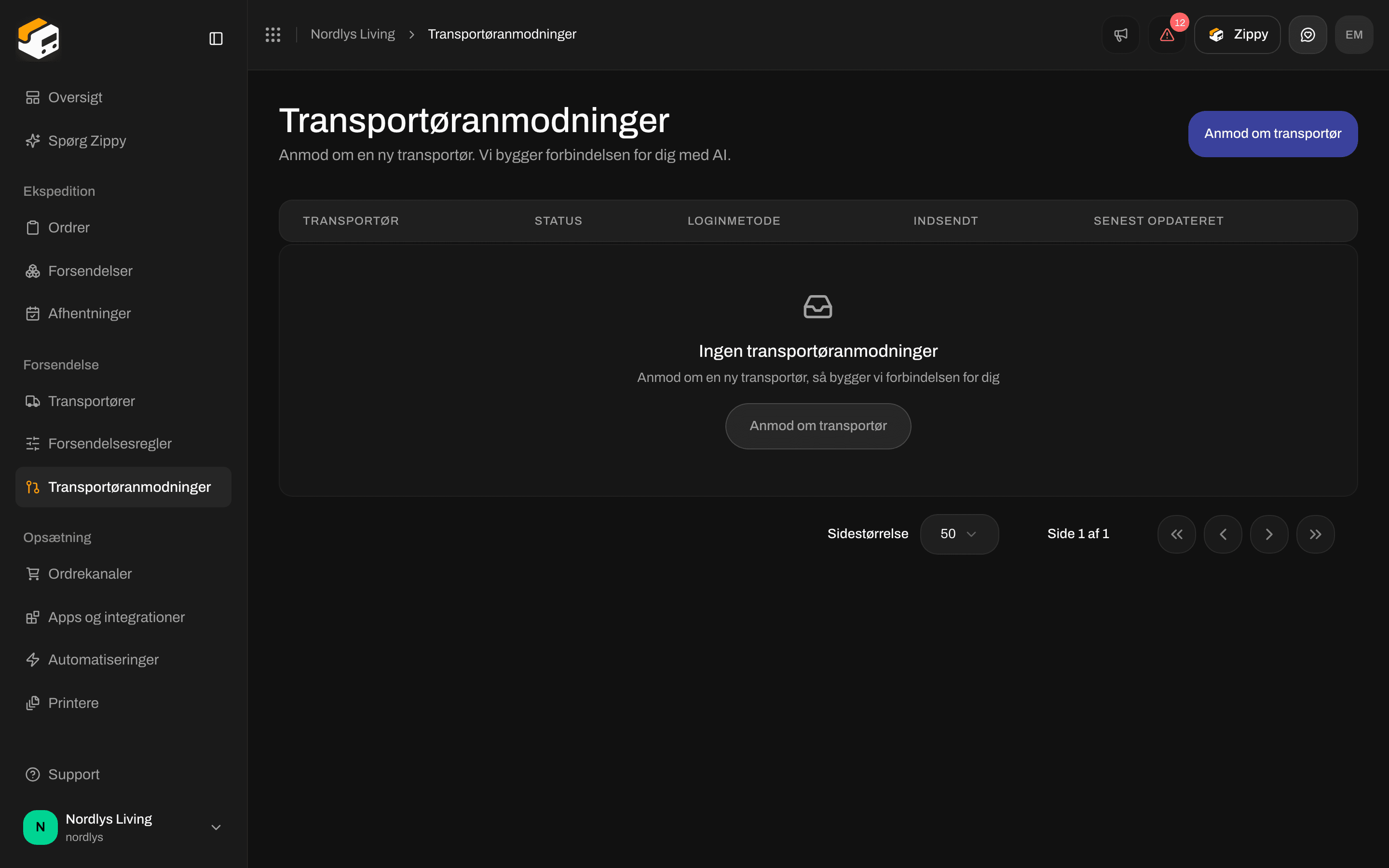 Siden Transportøranmodninger uden anmodninger endnu og knappen Anmod om transportør