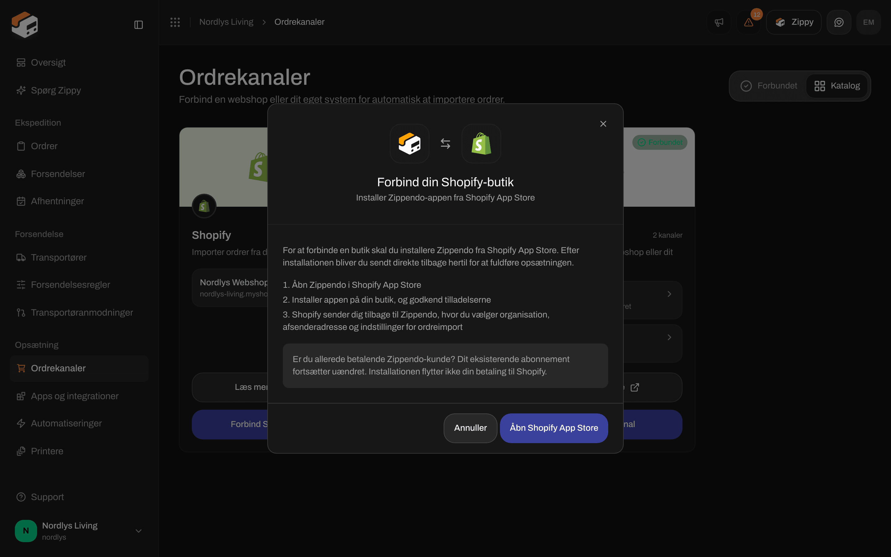 Vinduet Forbind din Shopify-butik med knappen Åbn Shopify App Store