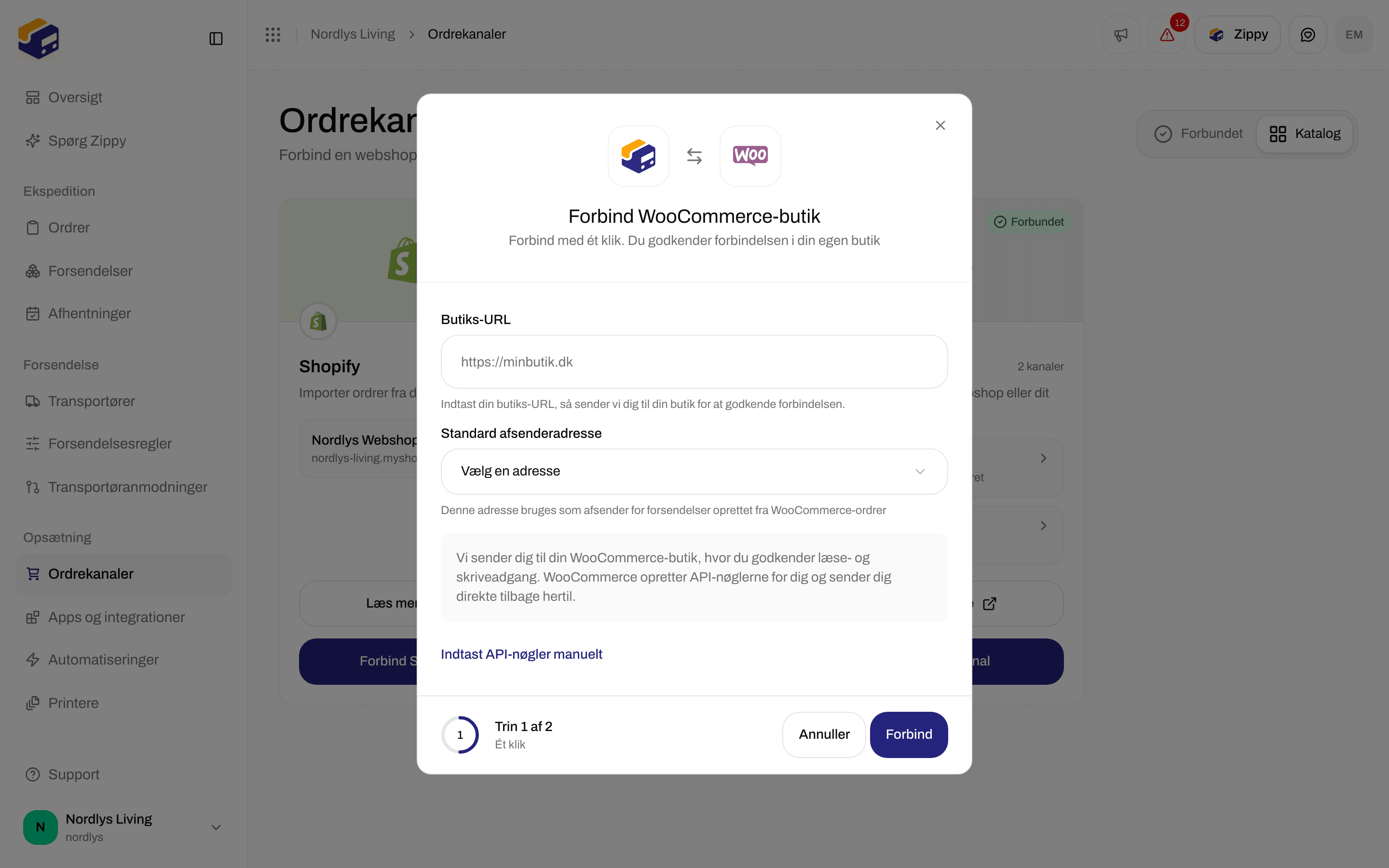 Vinduet Forbind WooCommerce-butik med butikkens URL, Standardadresse og Forbind