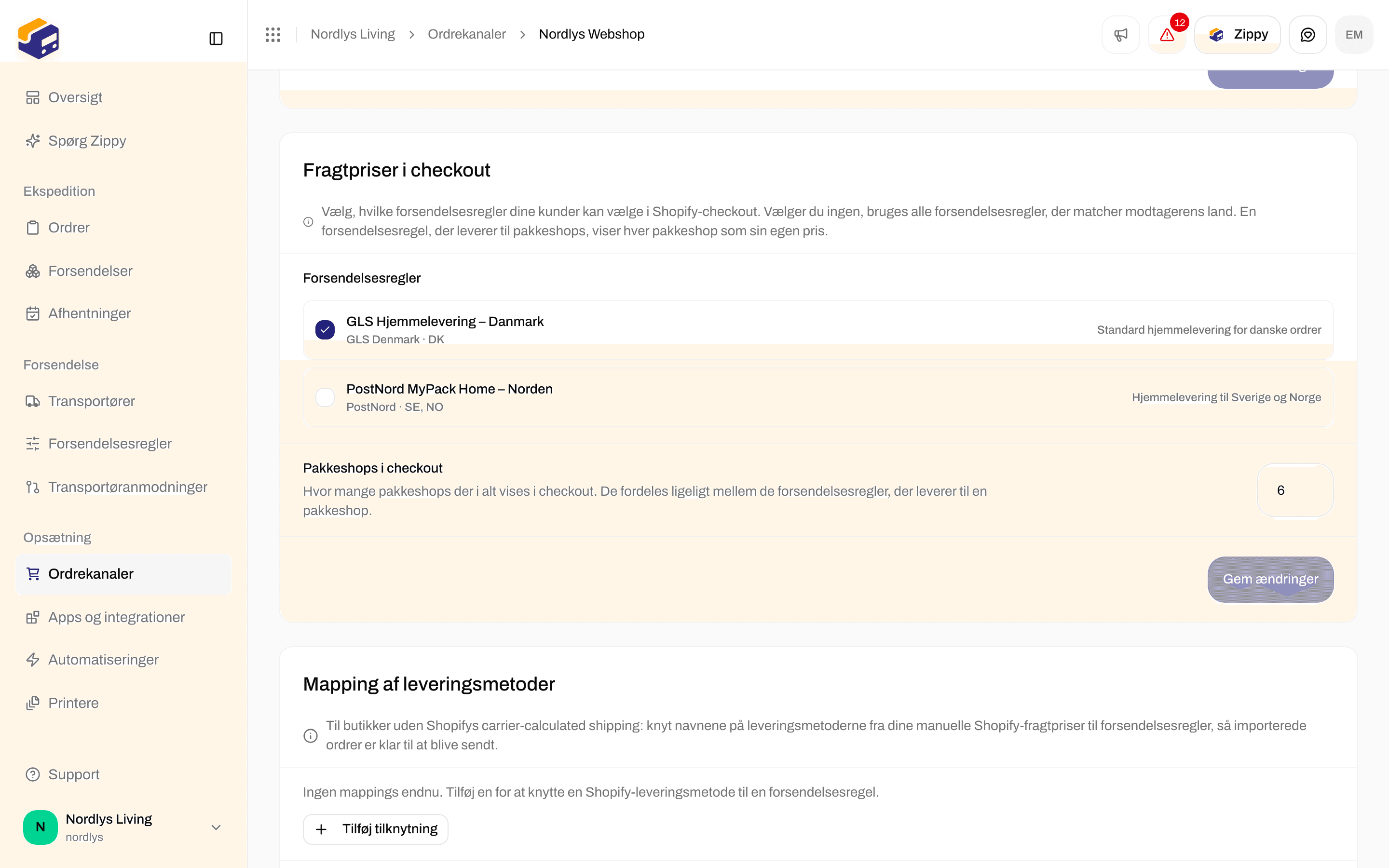Pakkeshops pr. checkout sat til 6, med et tomt afsnit om Mapping af leveringsmetoder nedenunder
