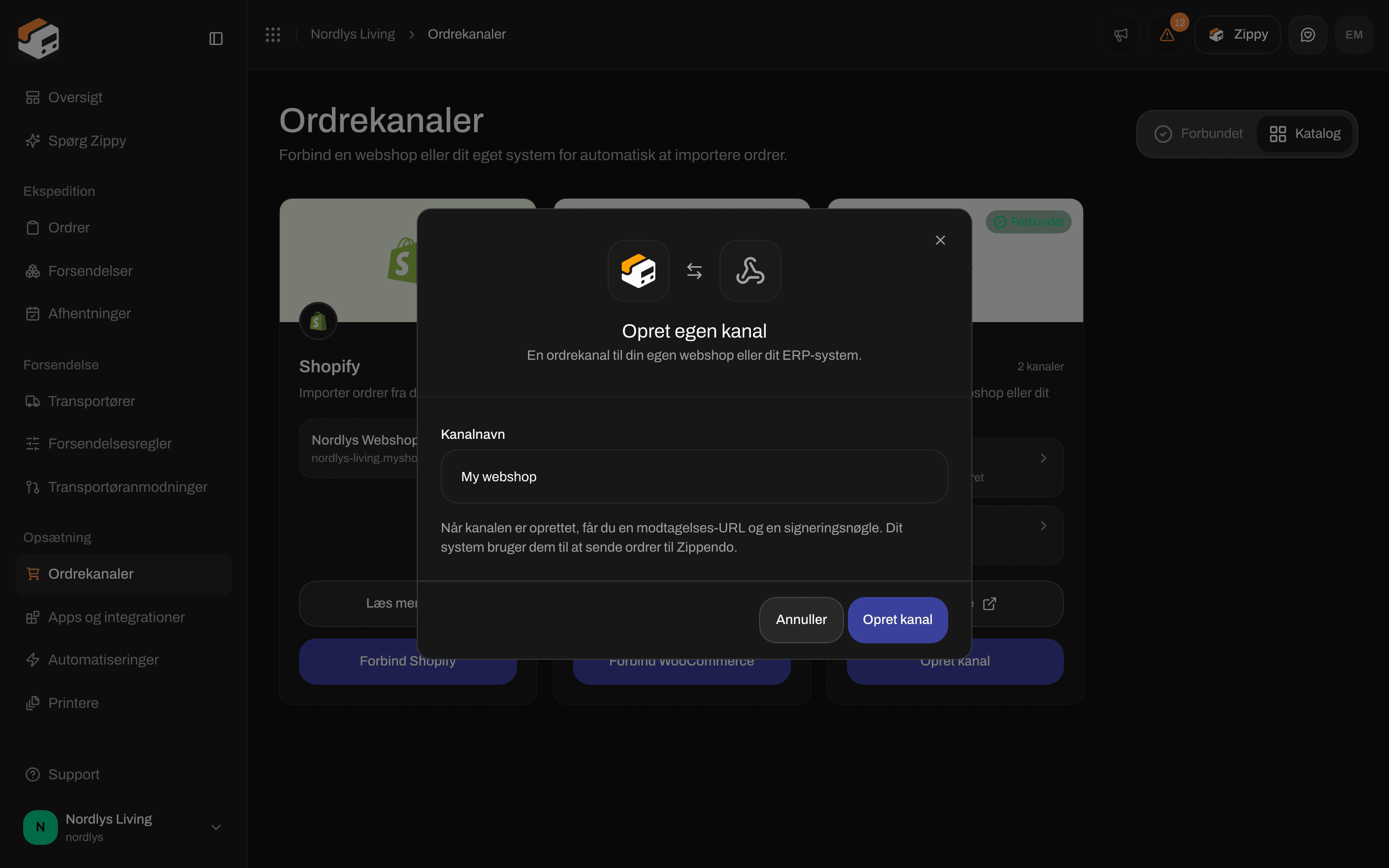 Vinduet Opret egen kanal med Kanalnavn My webshop