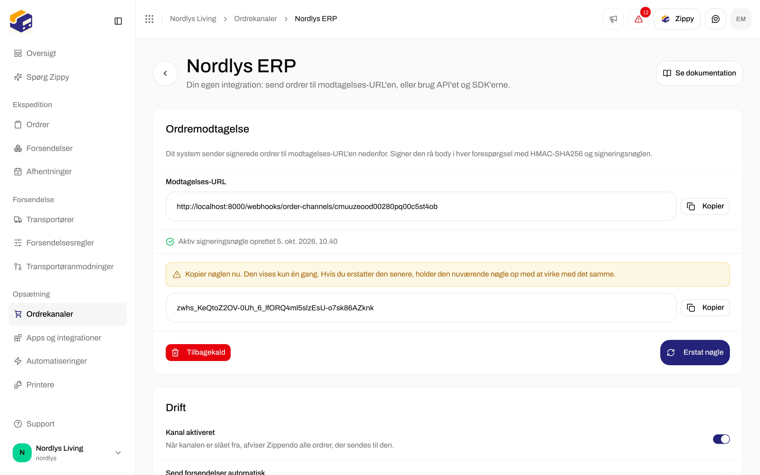 Ordremodtagelse med Modtagelses-URL, signeringsnøglen vist én gang, Tilbagekald og Erstat nøgle