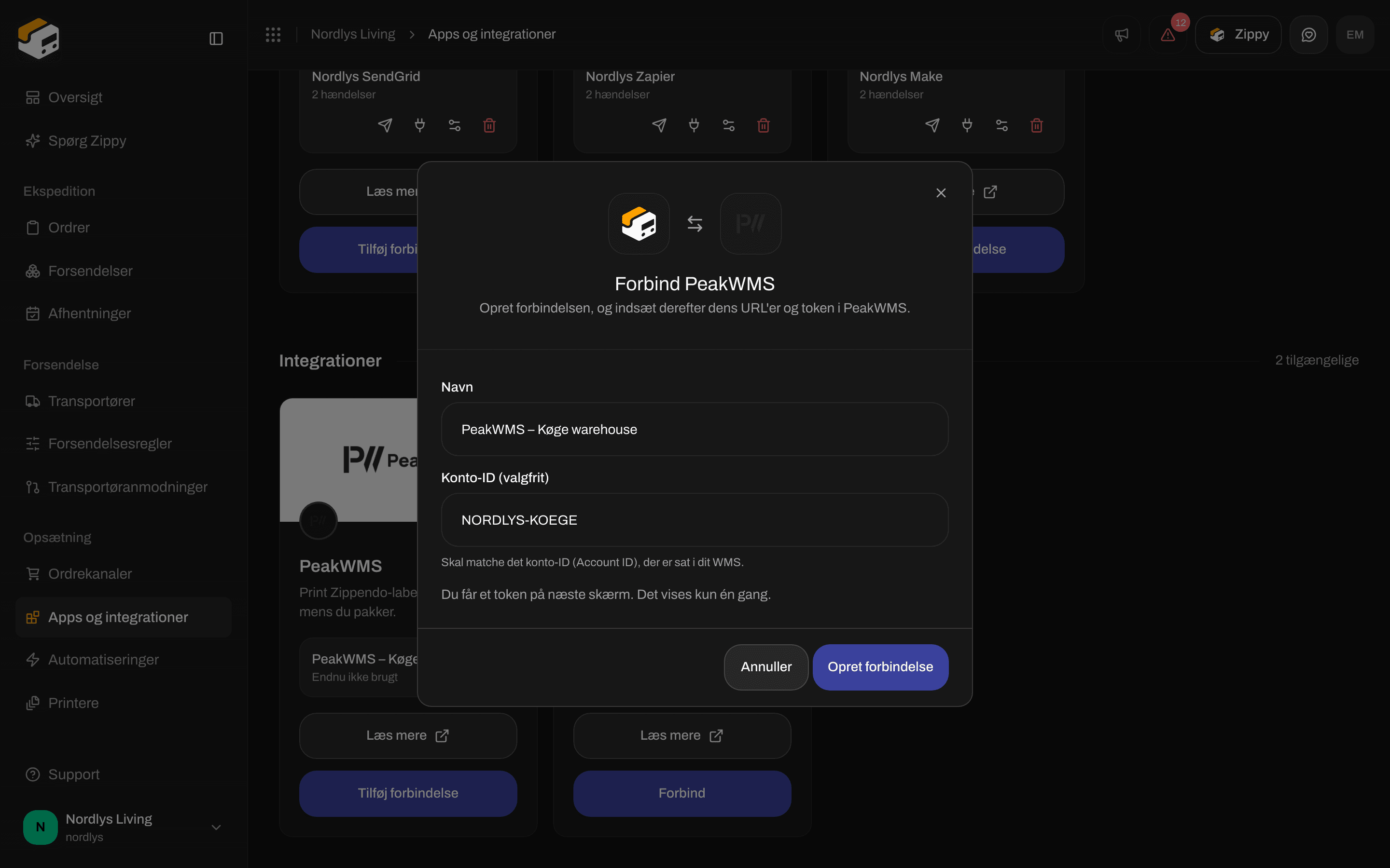 Vinduet Forbind PeakWMS med et lagernavn og et eksempel på Account ID