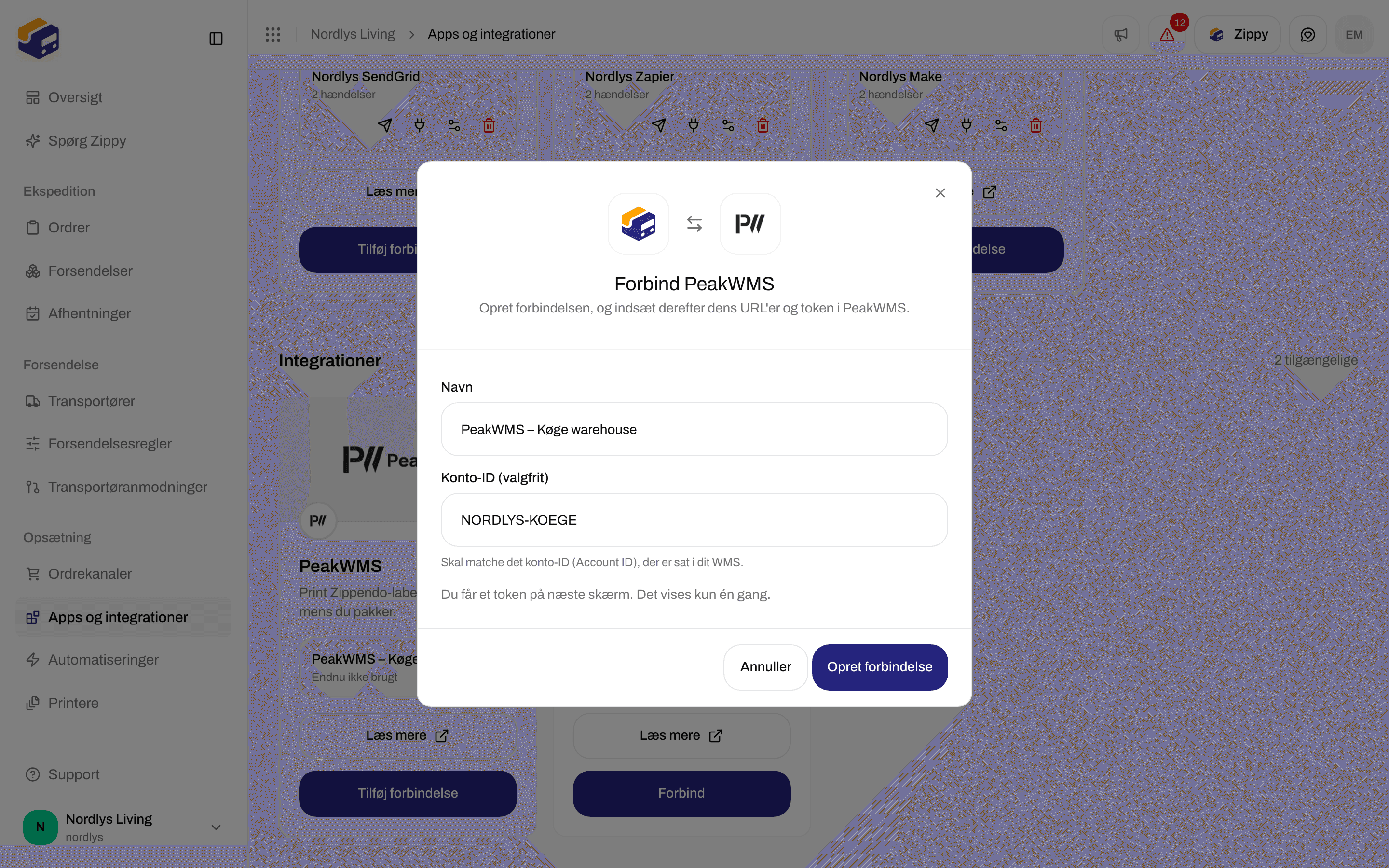 Vinduet Forbind PeakWMS med et lagernavn og et eksempel på Account ID