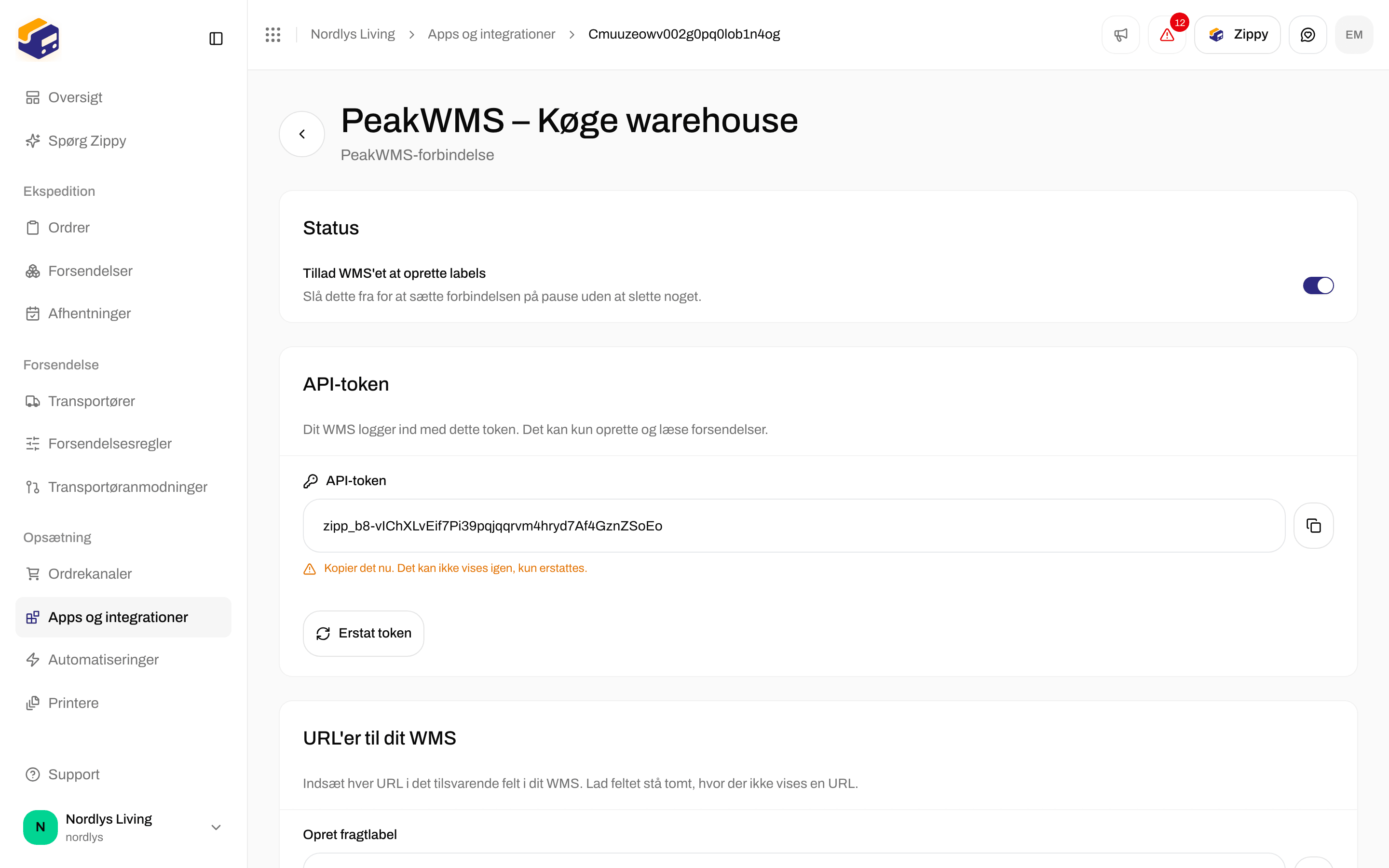 Forbindelsessiden, der viser API-tokenet én gang, med en kopiknap
