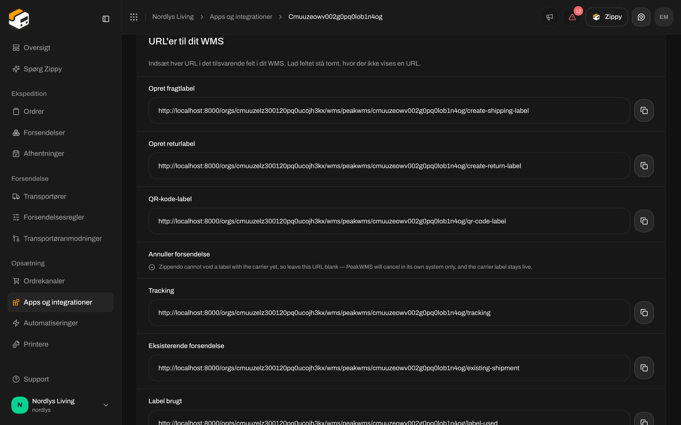 Afsnittet URL'er til dit WMS med de webadresser, der skal indsættes i PeakWMS