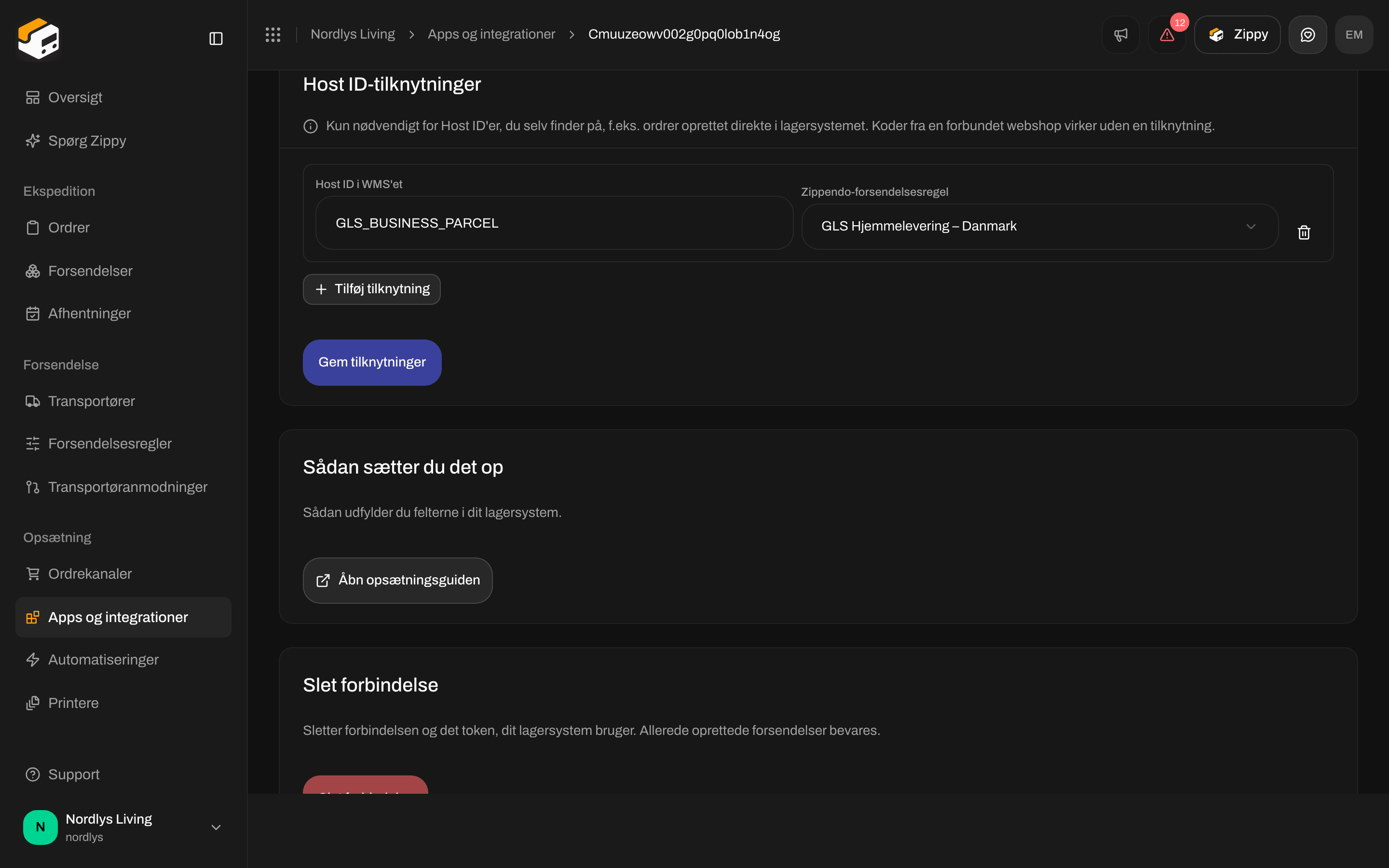 Afsnittet Host ID-tilknytninger med GLS_BUSINESS_PARCEL knyttet til en GLS-forsendelsesregel for hjemmelevering