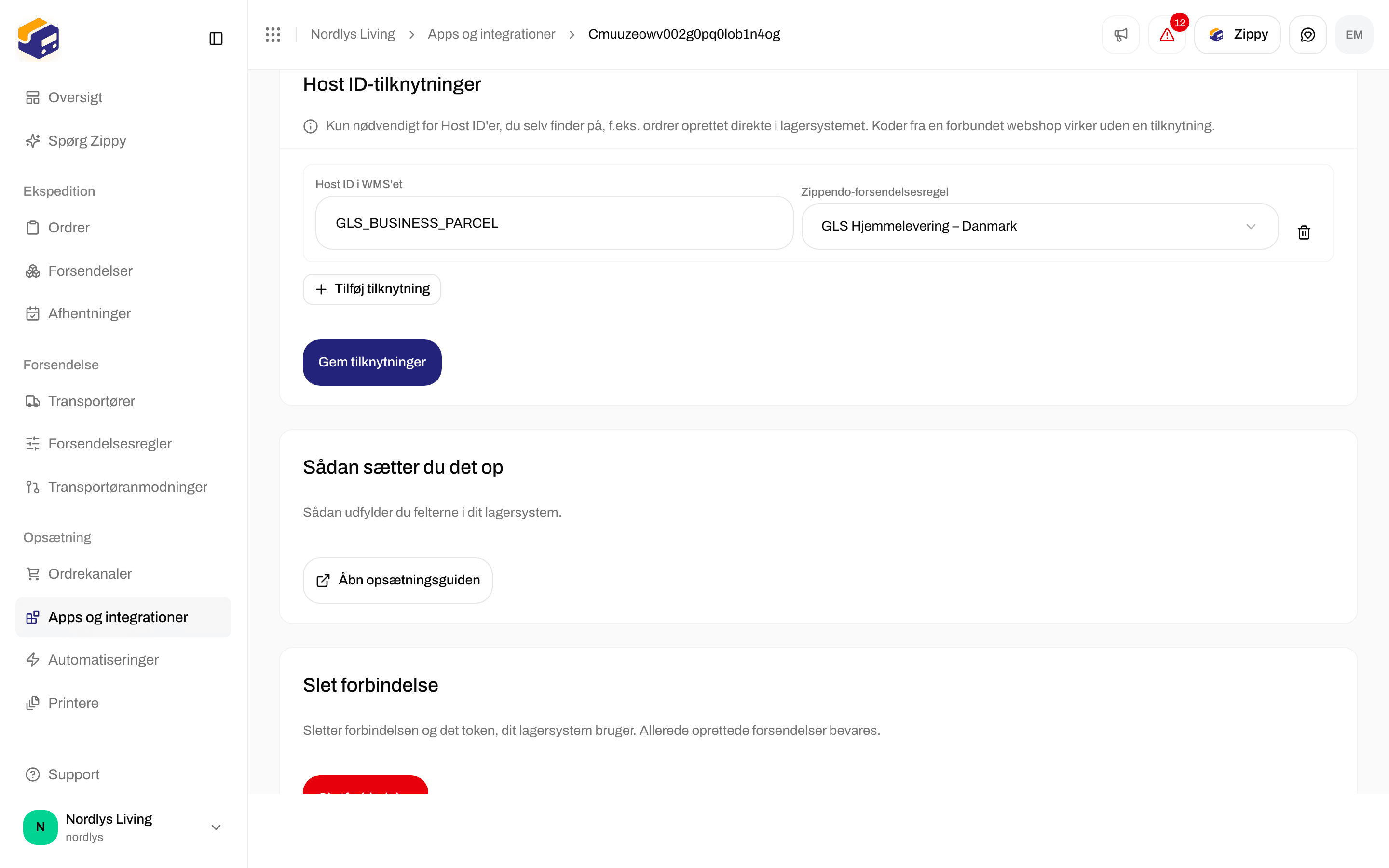 Afsnittet Host ID-tilknytninger med GLS_BUSINESS_PARCEL knyttet til en GLS-forsendelsesregel for hjemmelevering
