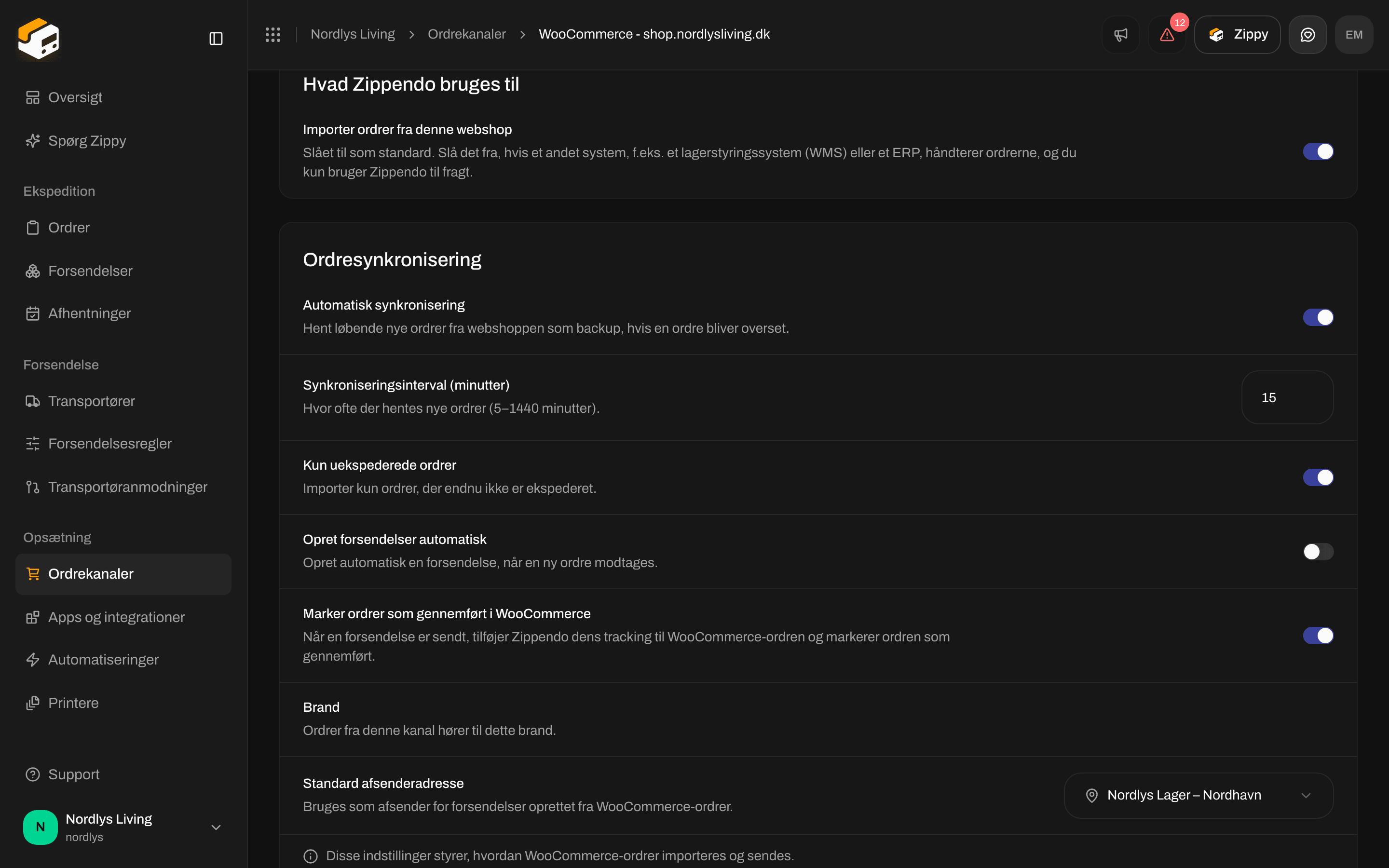 Ordrekanalens indstillinger med afsnittet Hvad Zippendo bruges til og dets importkontakt