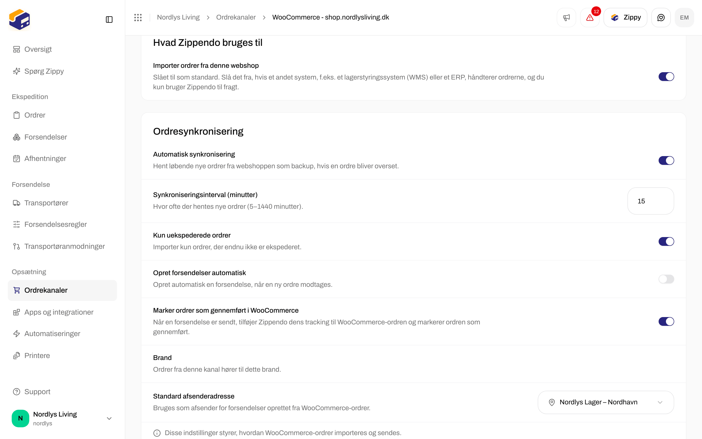Ordrekanalens indstillinger med afsnittet Hvad Zippendo bruges til og dets importkontakt