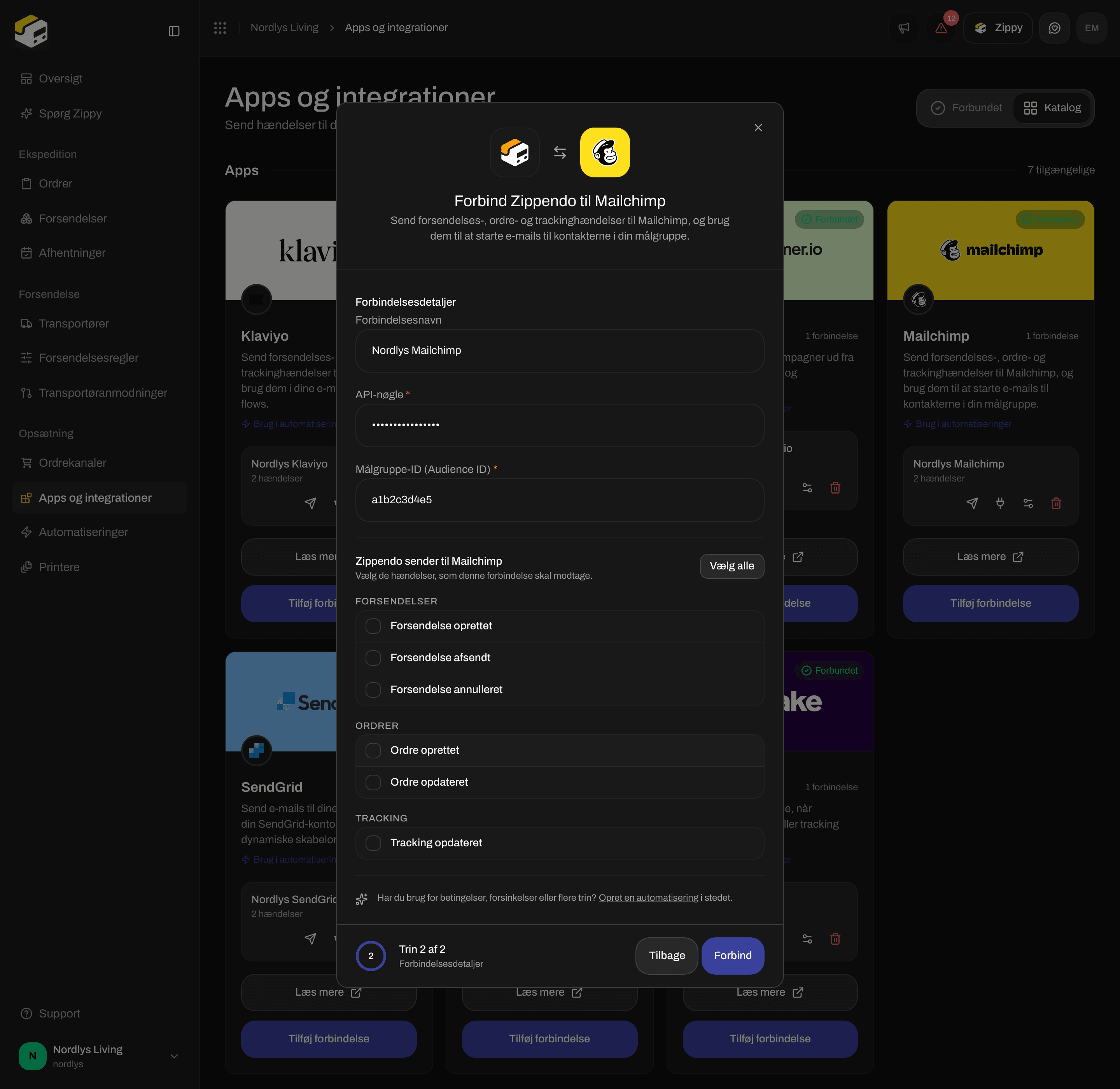 Forbindelsesvindue til Mailchimp med forbindelsesnavn, API-nøgle, Audience ID og afkrydsningsfelter til hændelser