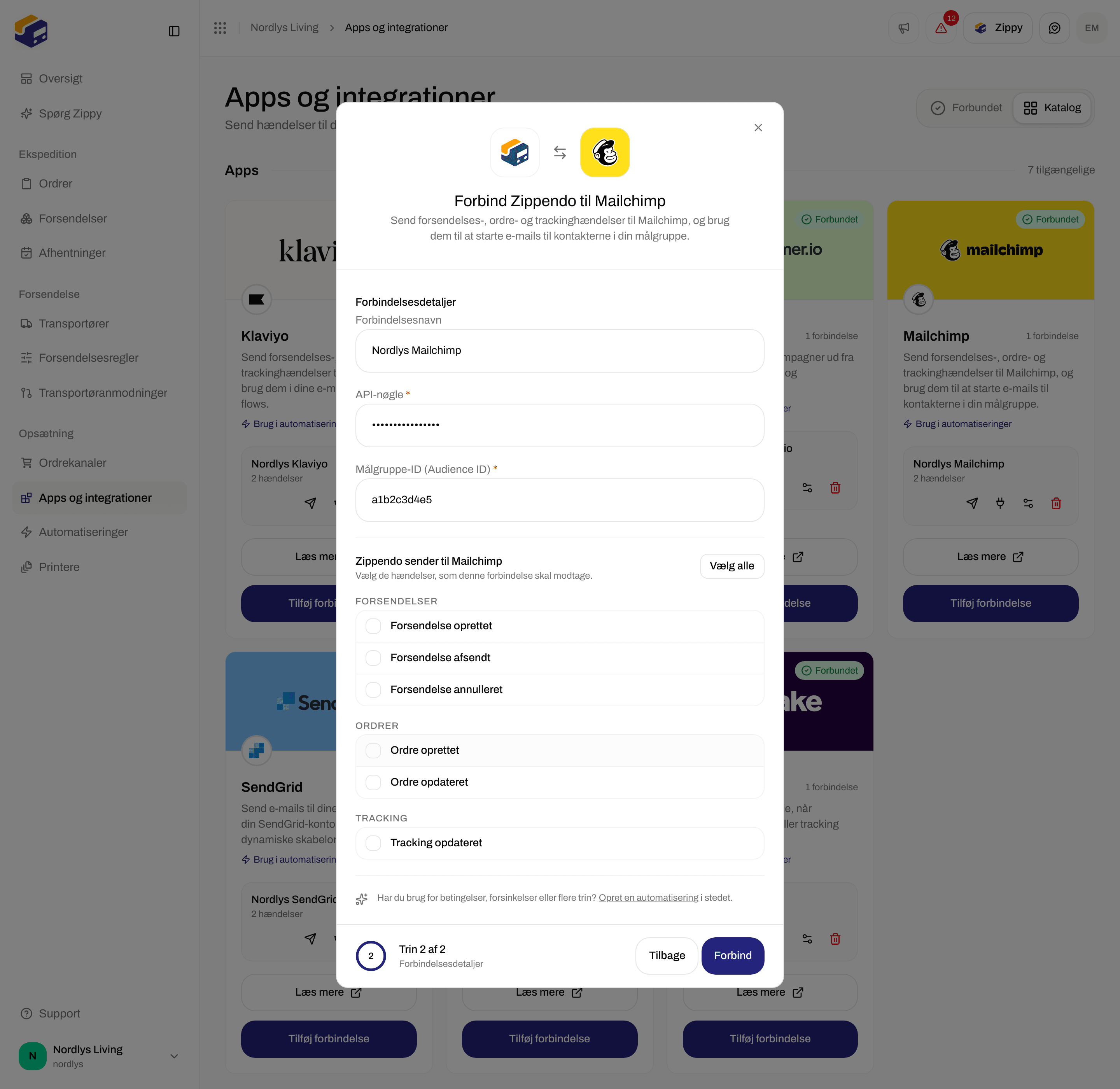 Forbindelsesvindue til Mailchimp med forbindelsesnavn, API-nøgle, Audience ID og afkrydsningsfelter til hændelser