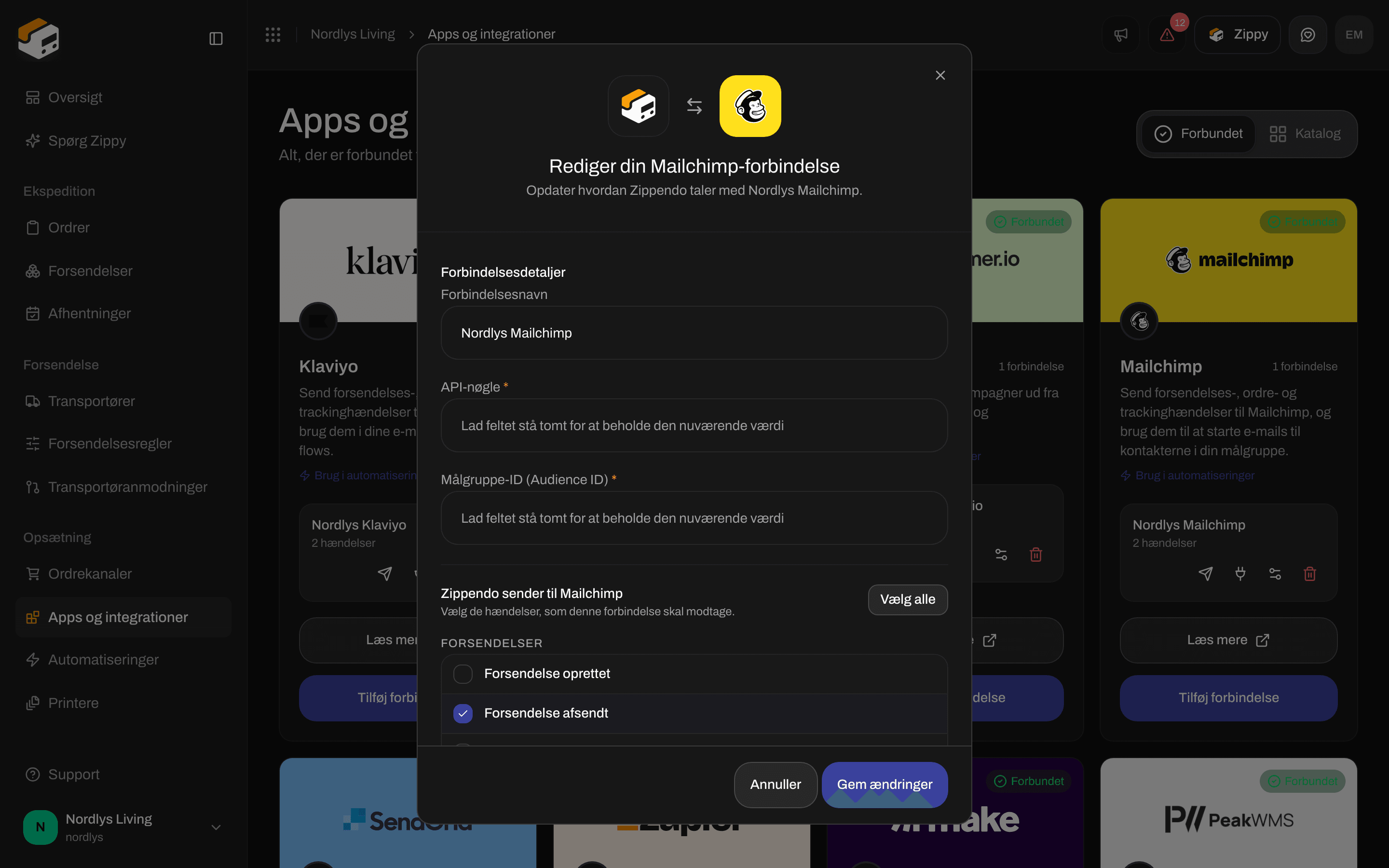 Redigeringsvindue for en Mailchimp-forbindelse med forbindelsesnavn, tomme felter til API-nøgle og Audience ID samt hændelserne