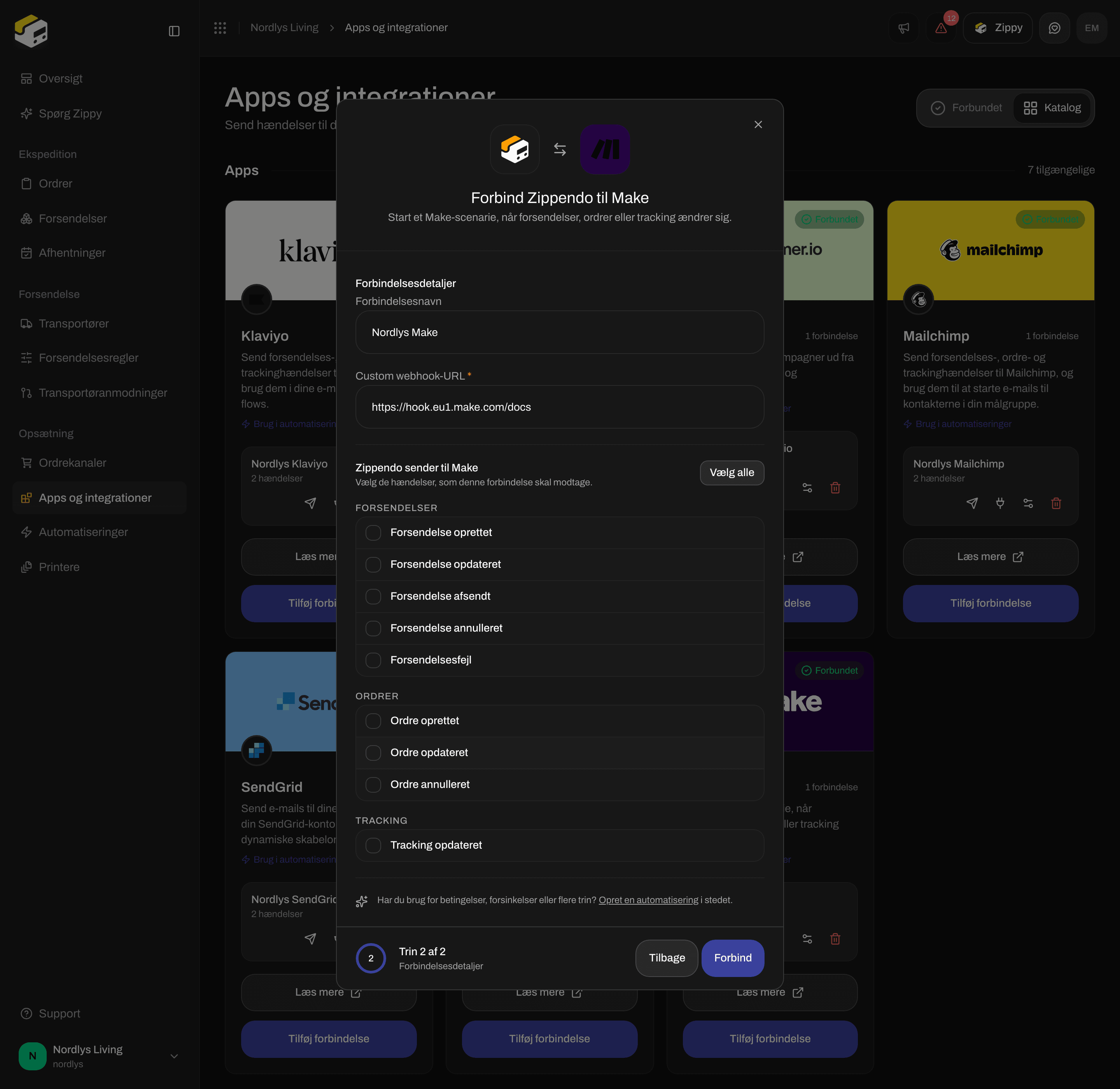 Forbindelsesvindue for Make med et forbindelsesnavn, Custom webhook-URL og afkrydsningsfelter til hændelser
