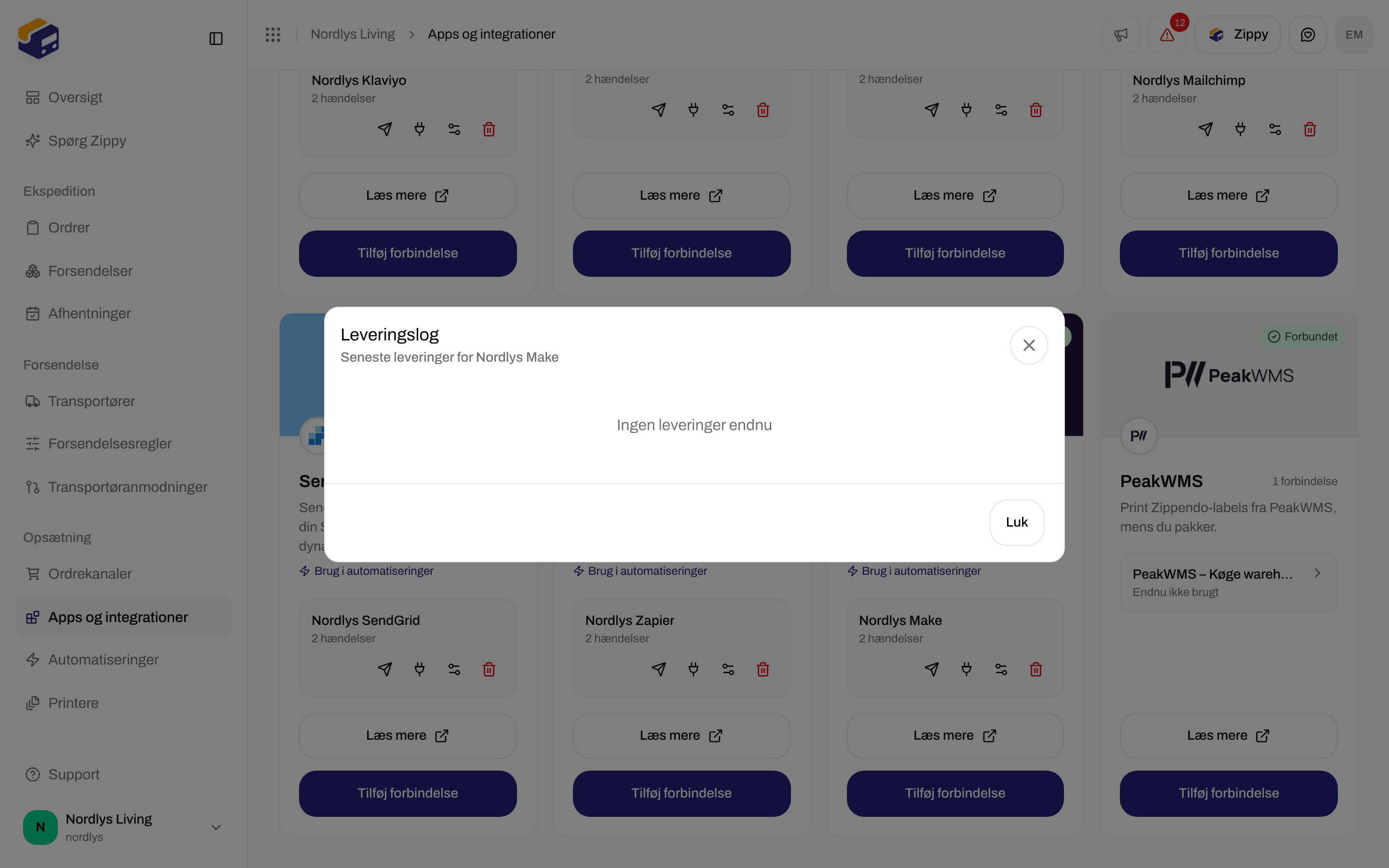 Vinduet Leveringslog for en Make-forbindelse, der siger Ingen leveringer endnu