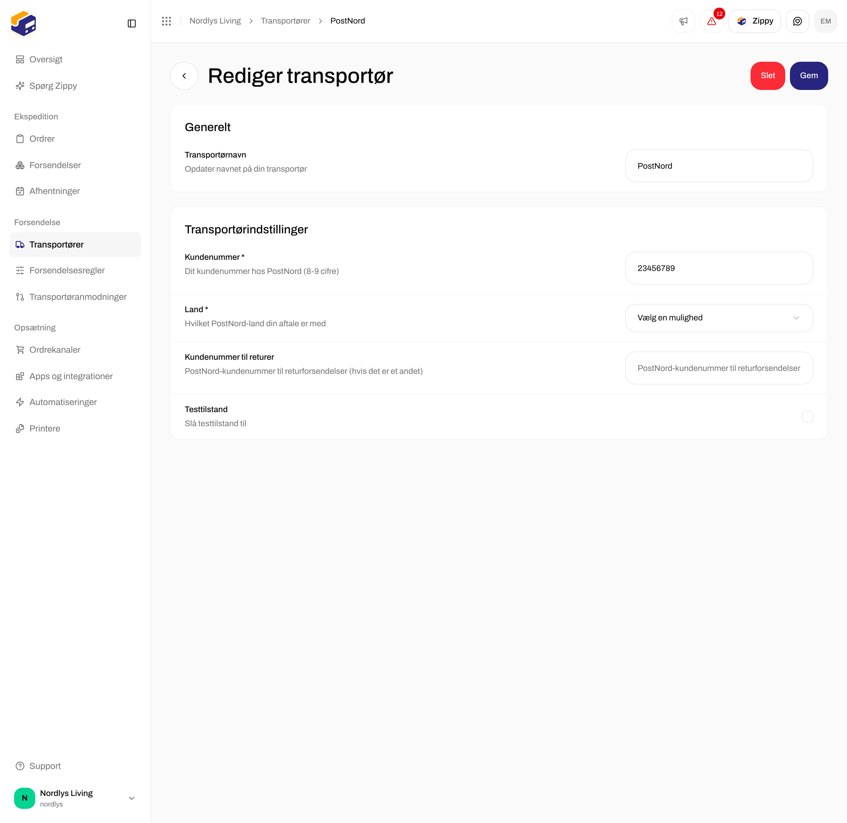 Siden Rediger transportør for PostNord med Kundenummer, Land, Kundenummer til returer og Testtilstand