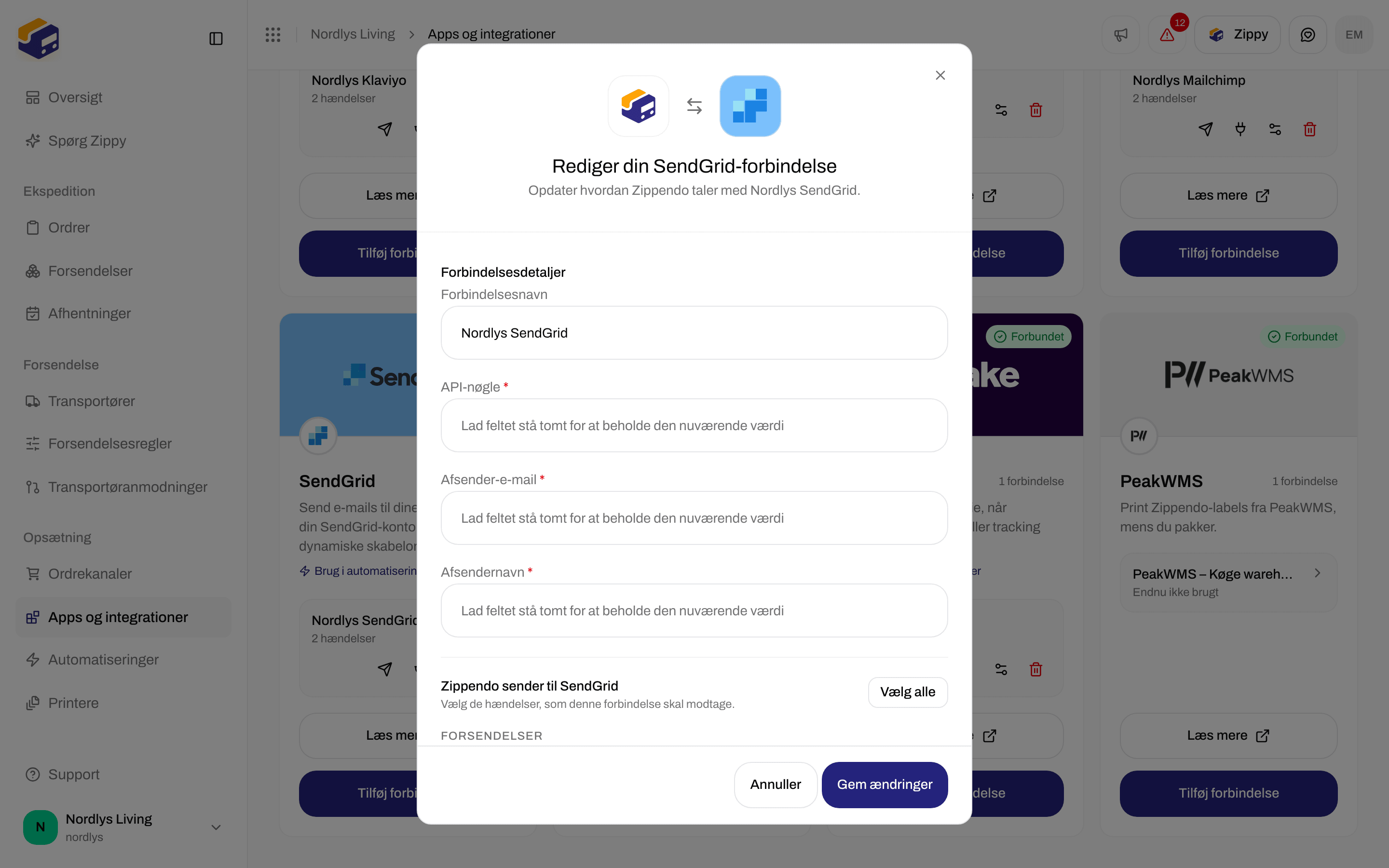 Redigeringsvindue for en SendGrid-forbindelse med forbindelsesnavn, tomme felter til API-nøgle, Afsender-e-mail og Afsendernavn samt hændelserne