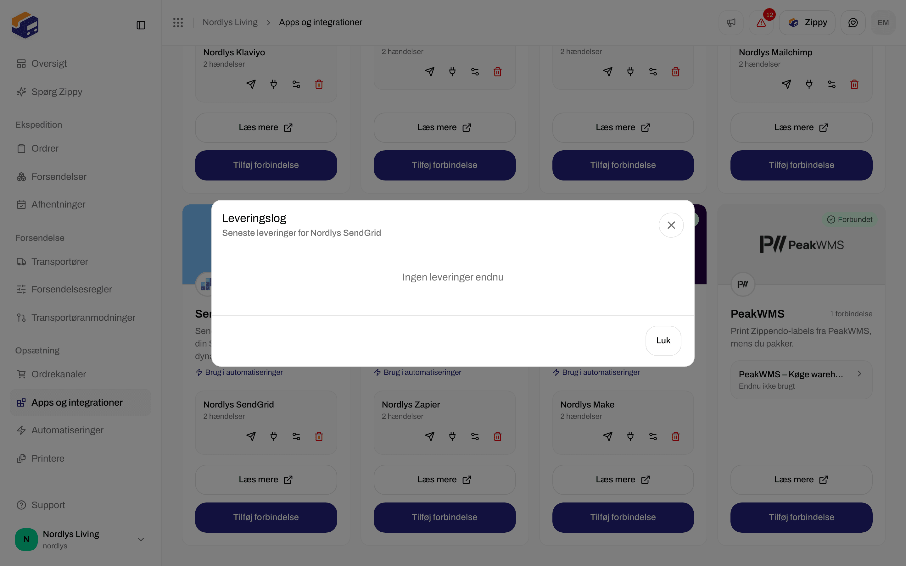 Leveringslogvindue for en SendGrid-forbindelse med teksten Ingen leveringer endnu