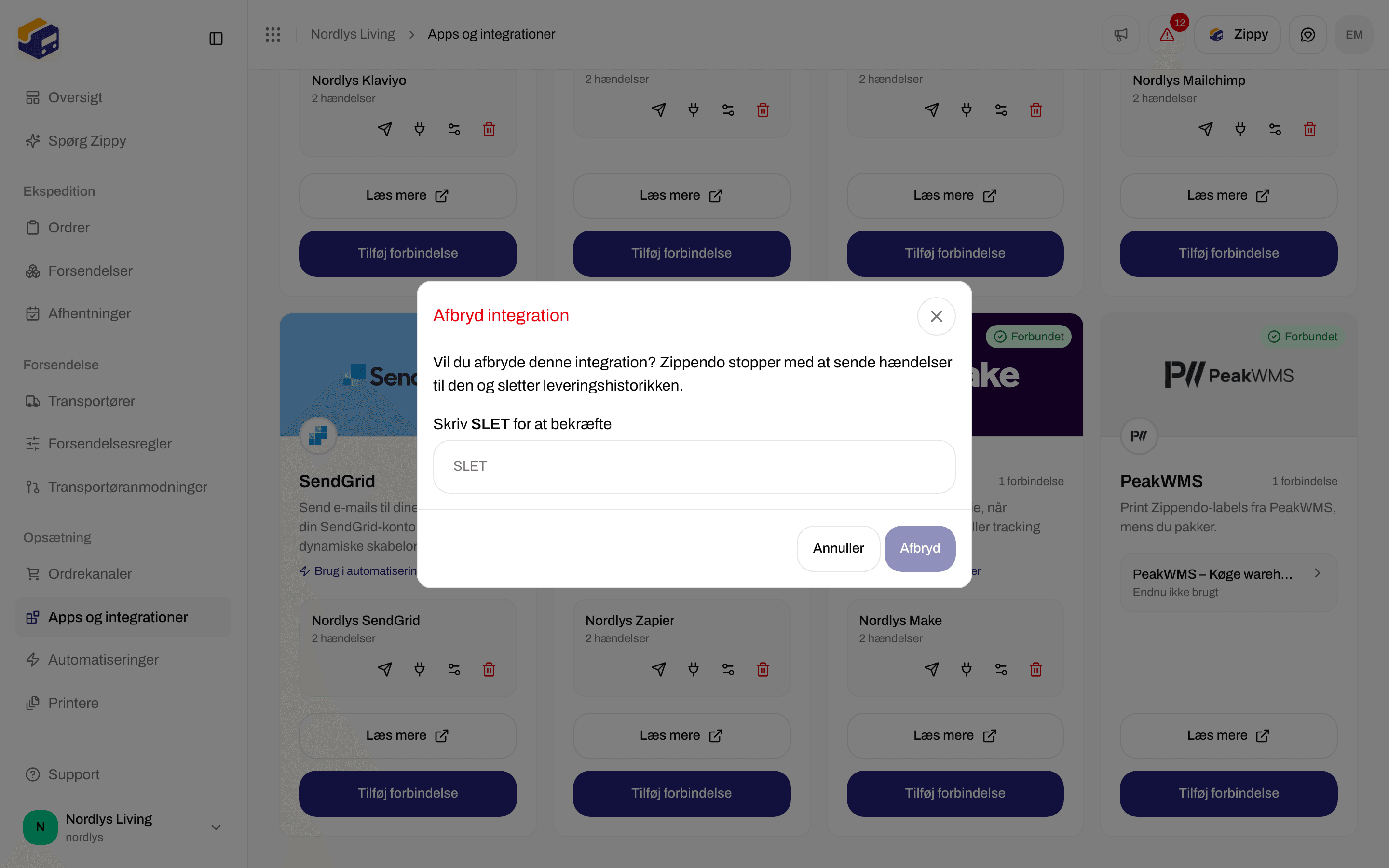 Vinduet Afbryd integration, der beder dig skrive DELETE