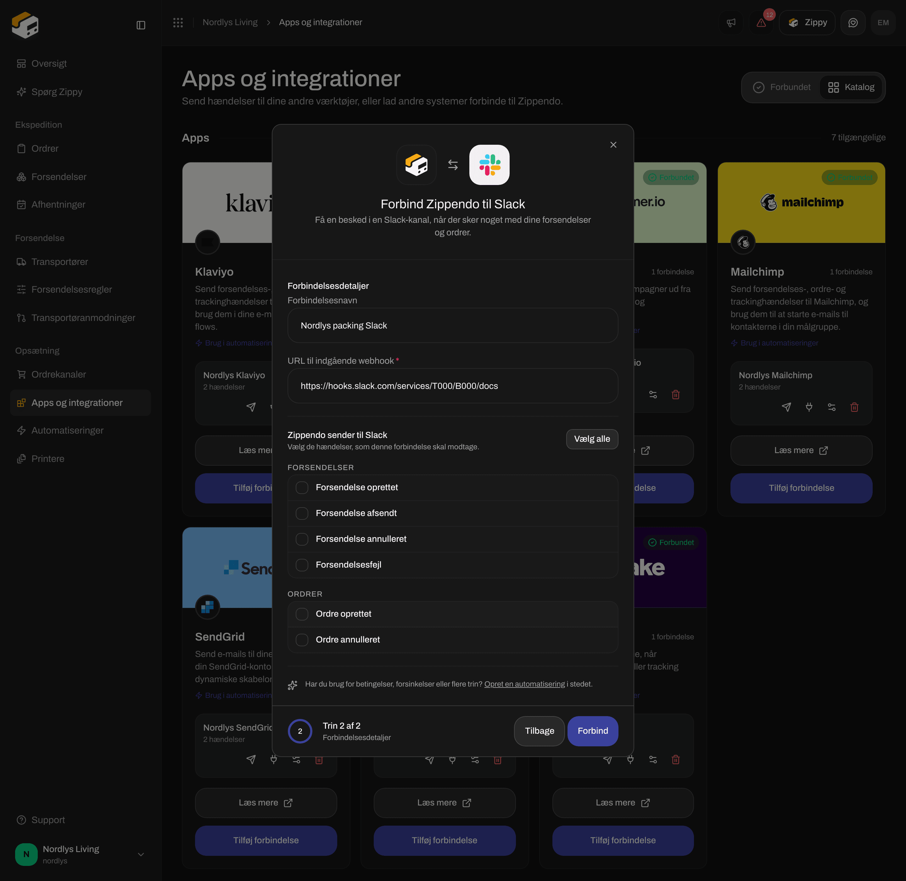 Forbindelsesvindue til Slack med et forbindelsesnavn, Incoming webhook-URL og afkrydsningsfelter til hændelser