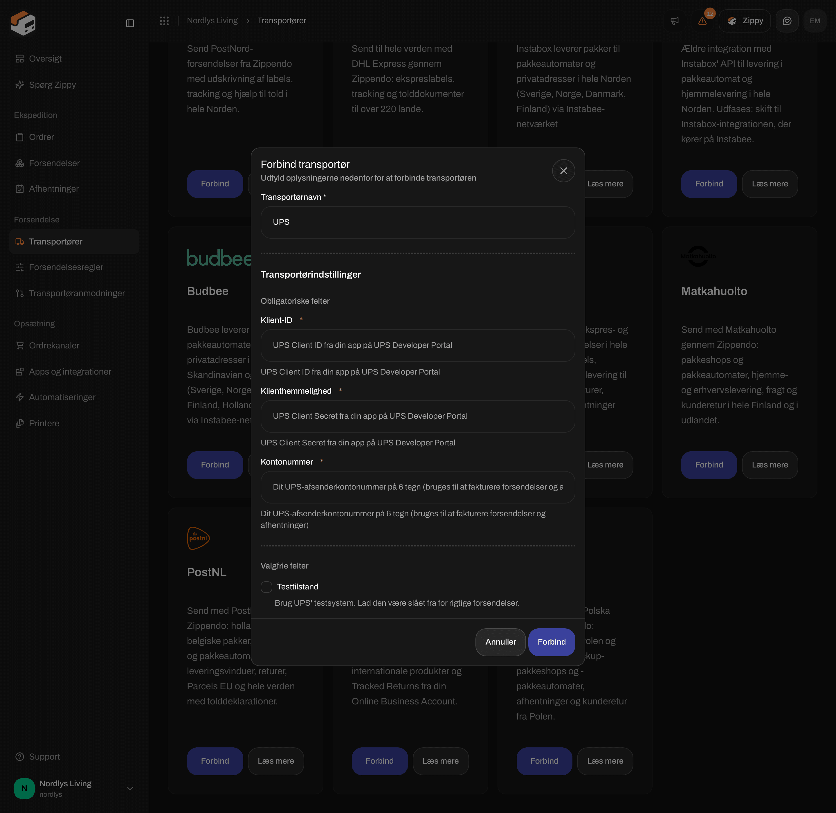 Vinduet Forbind transportør for UPS med felterne Klient-ID, Klienthemmelighed og Kontonummer
