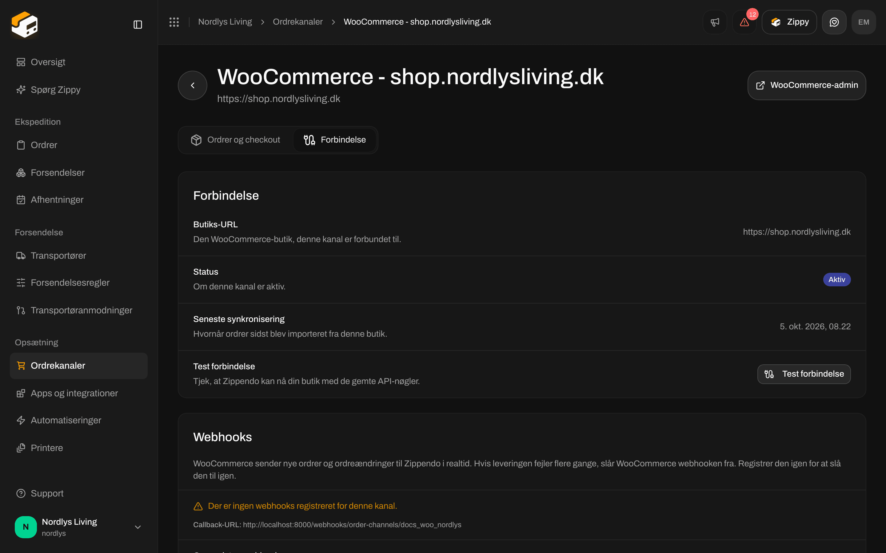 Fanen Forbindelse for WooCommerce med Butiks-URL, Status, Seneste synkronisering og Test forbindelse
