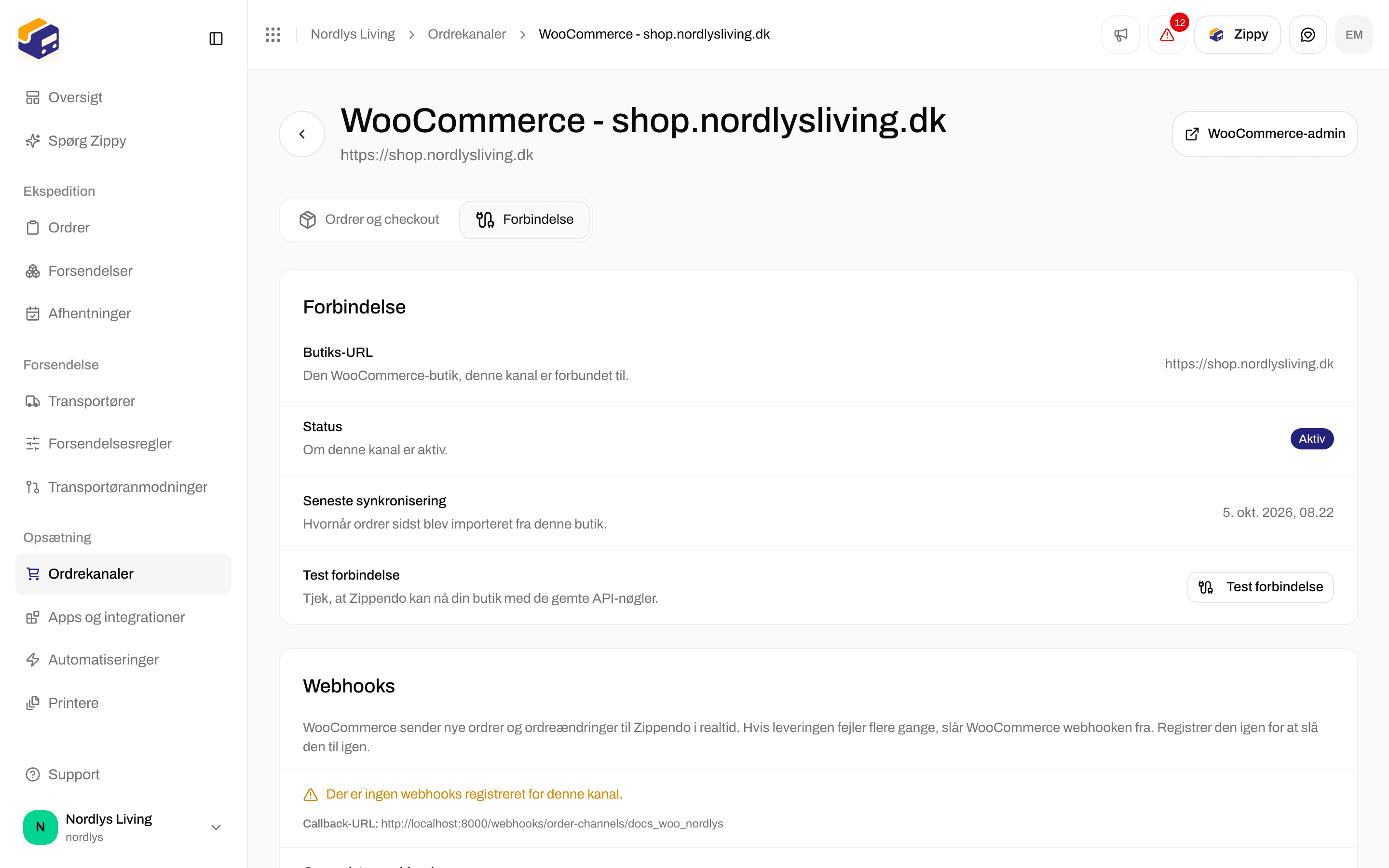 Fanen Forbindelse for WooCommerce med Butiks-URL, Status, Seneste synkronisering og Test forbindelse