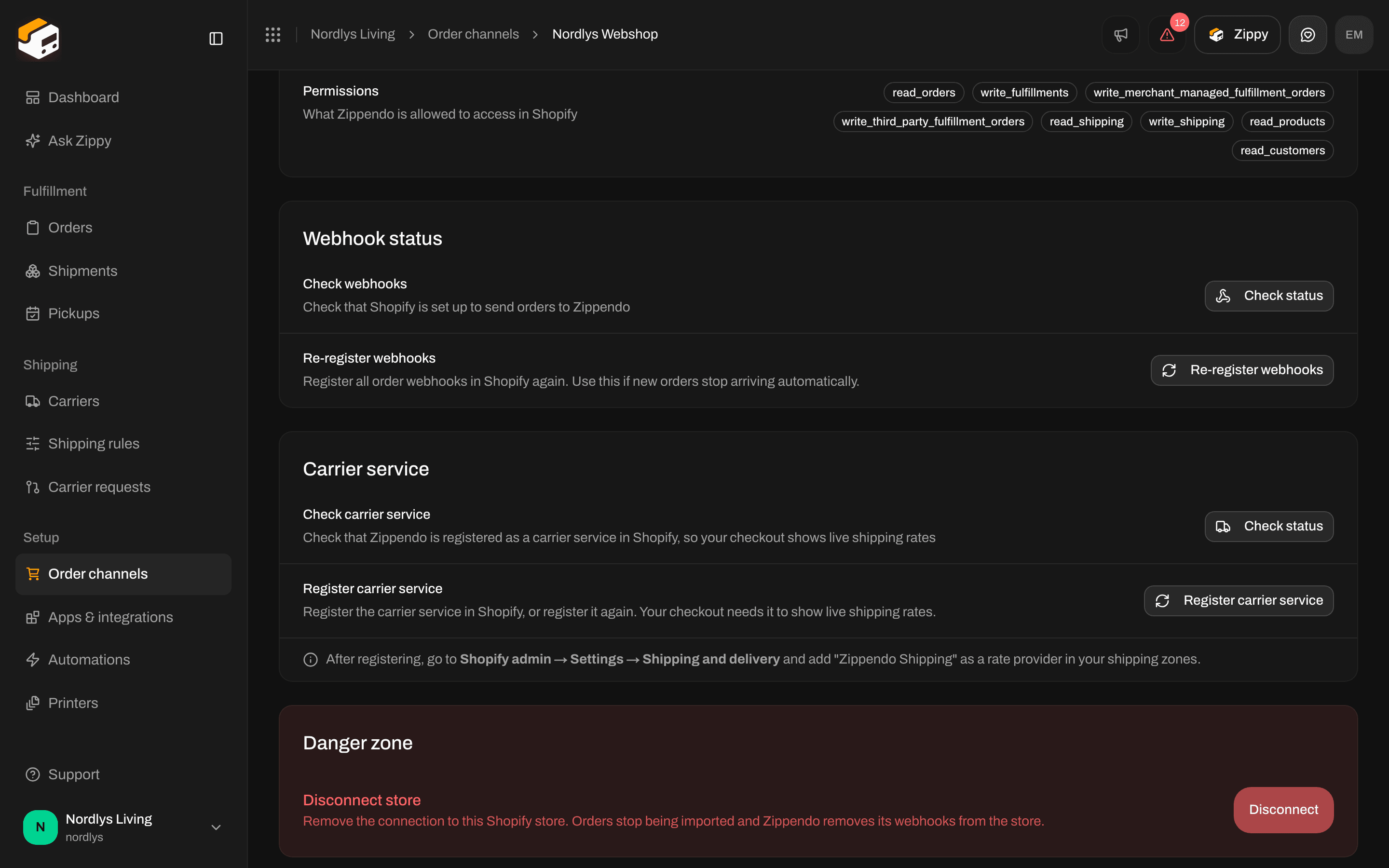 Shopify Connection & integration tab with the Carrier service card, Check status and Register carrier service