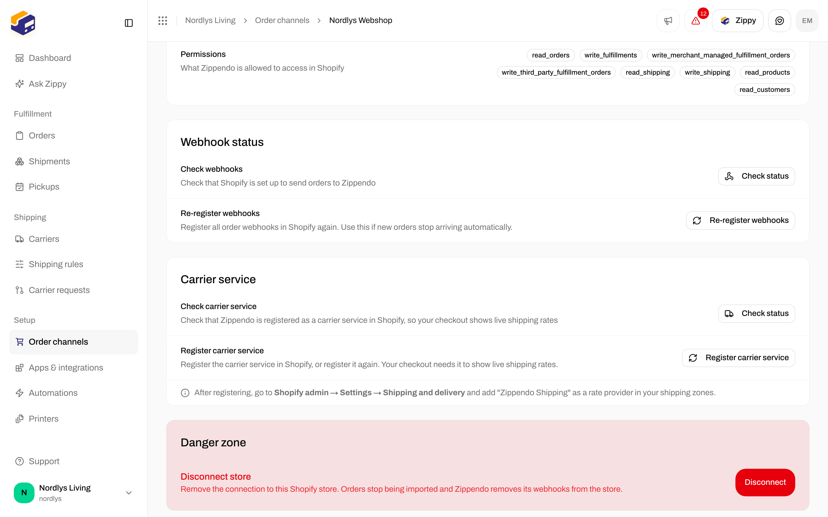 Shopify Connection & integration tab with the Carrier service card, Check status and Register carrier service