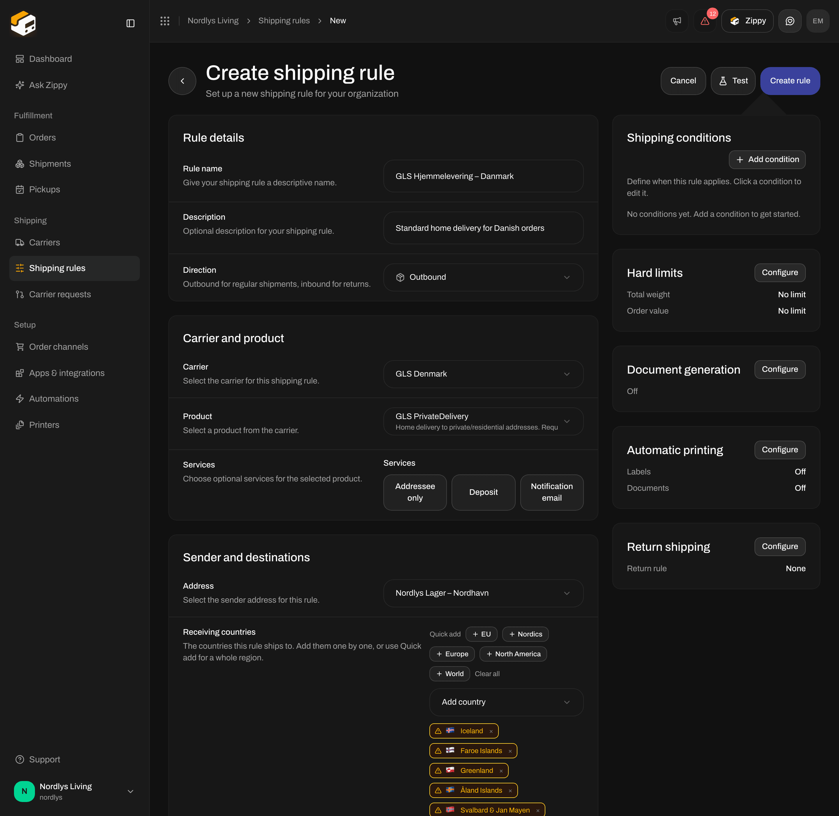 Create shipping rule form with GLS Denmark, GLS PrivateDelivery and the Nordics as countries