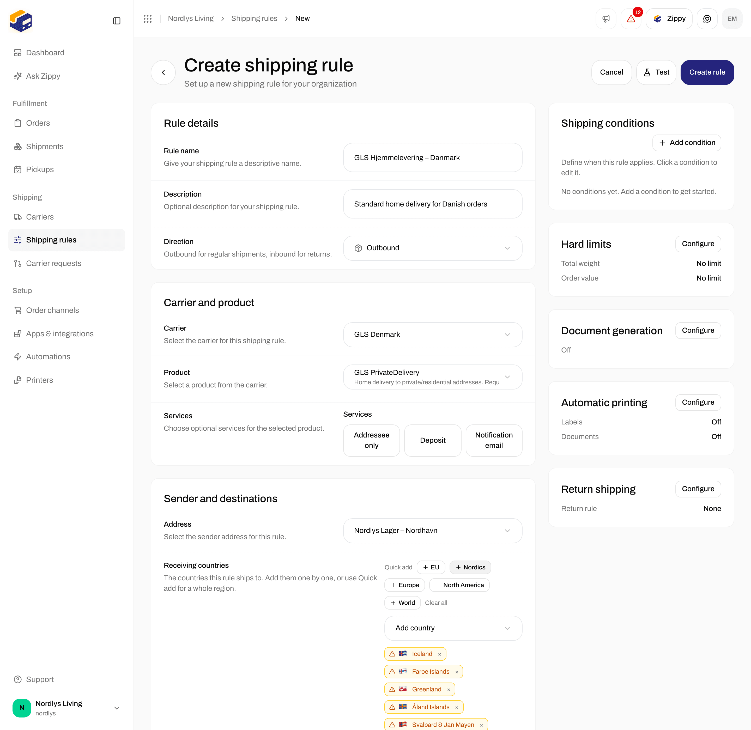 Create shipping rule form with GLS Denmark, GLS PrivateDelivery and the Nordics as countries