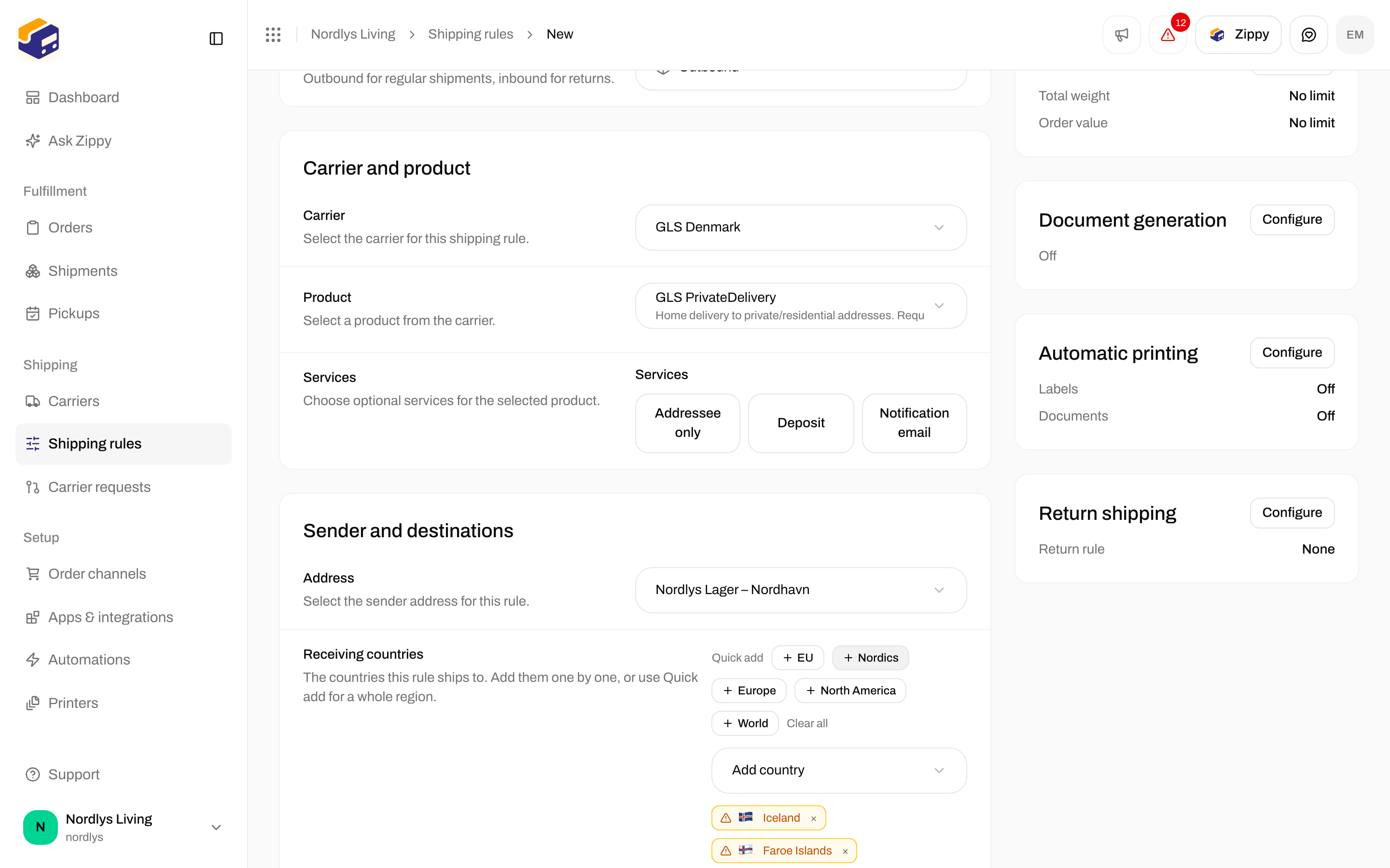 Receiving countries with the Nordics chosen and Quick add for EU, Nordics, Europe, North America and World